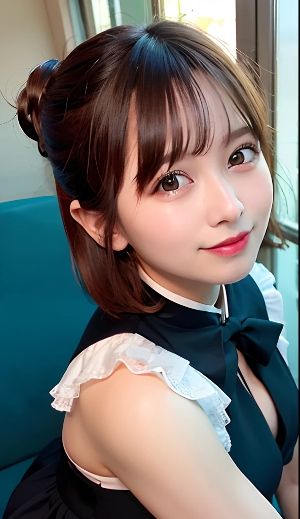 (8K、Raw photography、top-quality、masterpiece:1.2)、(realisitic、Photorealsitic:1.37)、ultra-detailliert、
1 girl in、cute little、独奏、Beautiful detailed sky、Detailed Cafe、natta、sitting on、date、(blush of the nose)、(A smile:1.1)、(Mouth closed)、large full breasts、seducting smile、large aparture、profetional lighting、Sony A7R4、Zessie 50mm f1.8、
medium breasts、Beautiful Detail Eye、(shirt with collar:1.1)、a bow tie、pleatedskirt、(short-hair:1.2)、A dark-haired、Layered Hair Style