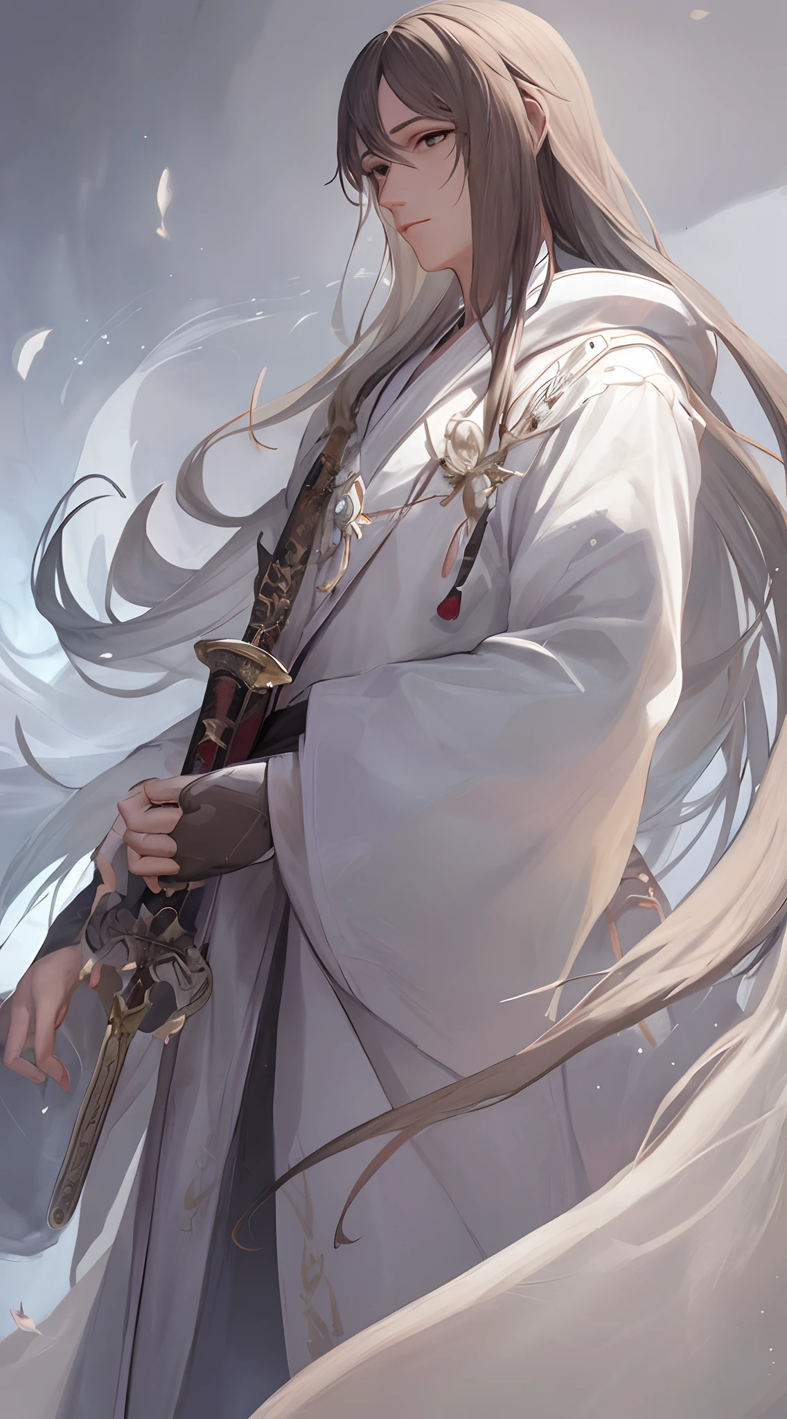 Close-up of a man in a white dress holding a sword，a character portrait by Yang J，The popularity of CGsociety，Fantasyart，beautiful character painting，Guviz-style artwork，Guvitz，white hanfu，flowing white robe，full-body wuxia，epic exquisite  character art，stunning character art，Cold male assassin