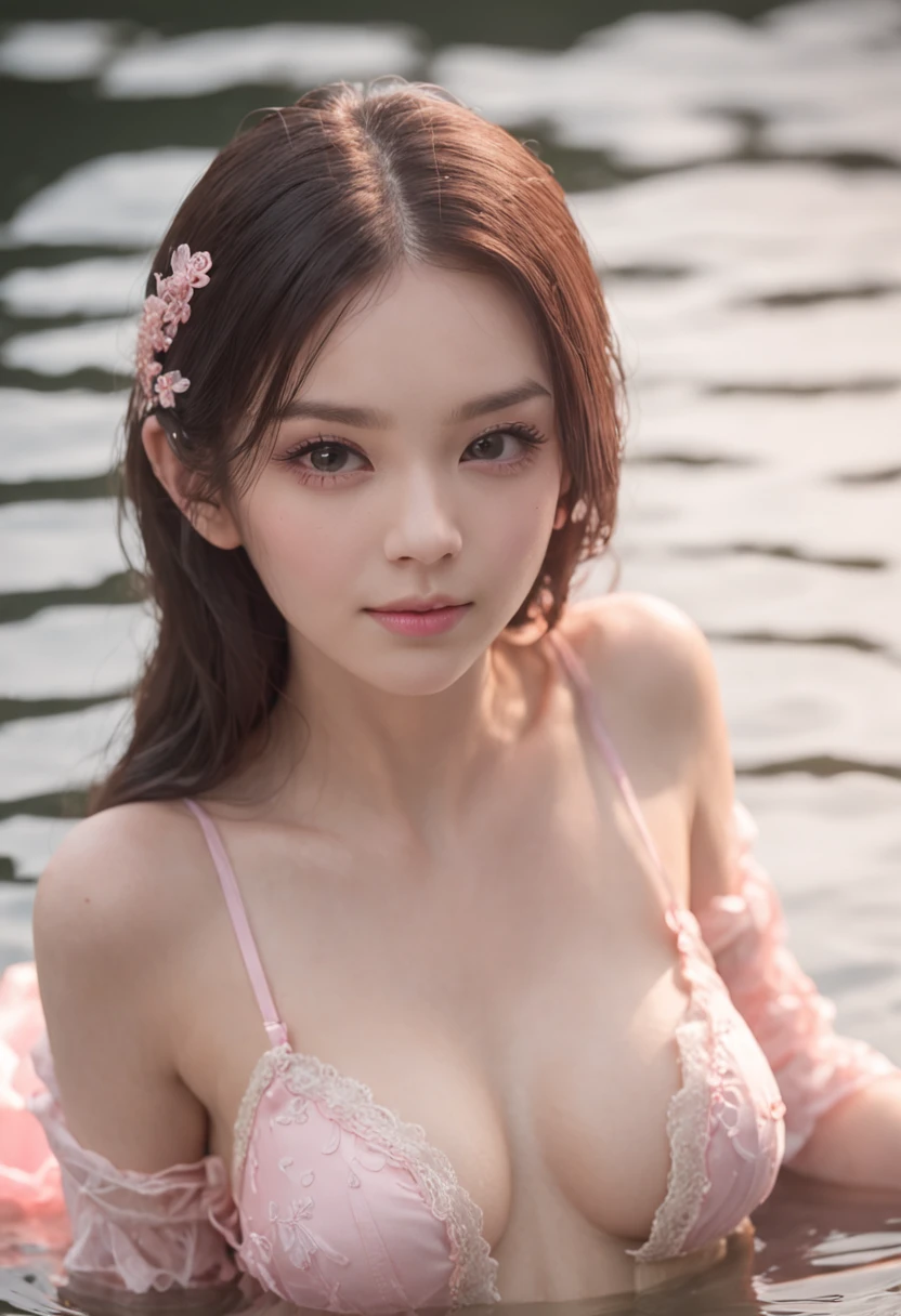 A girl in pink lingerie in the water,Masterpiece, Highest quality, (((Masterpiece))), (((Maximum level))), ((extra fine)),, ((Extremely delicate and beautiful)), Dynamic Angle, Floating, , (Beautiful detailed eyes), (Detailed light), (1 girl), Bigboobs, long whitr hair, dark brown sparkling eyes, black color hair, Natural, (Sunlight),, Slight smile, Pastel colors, full anatomy