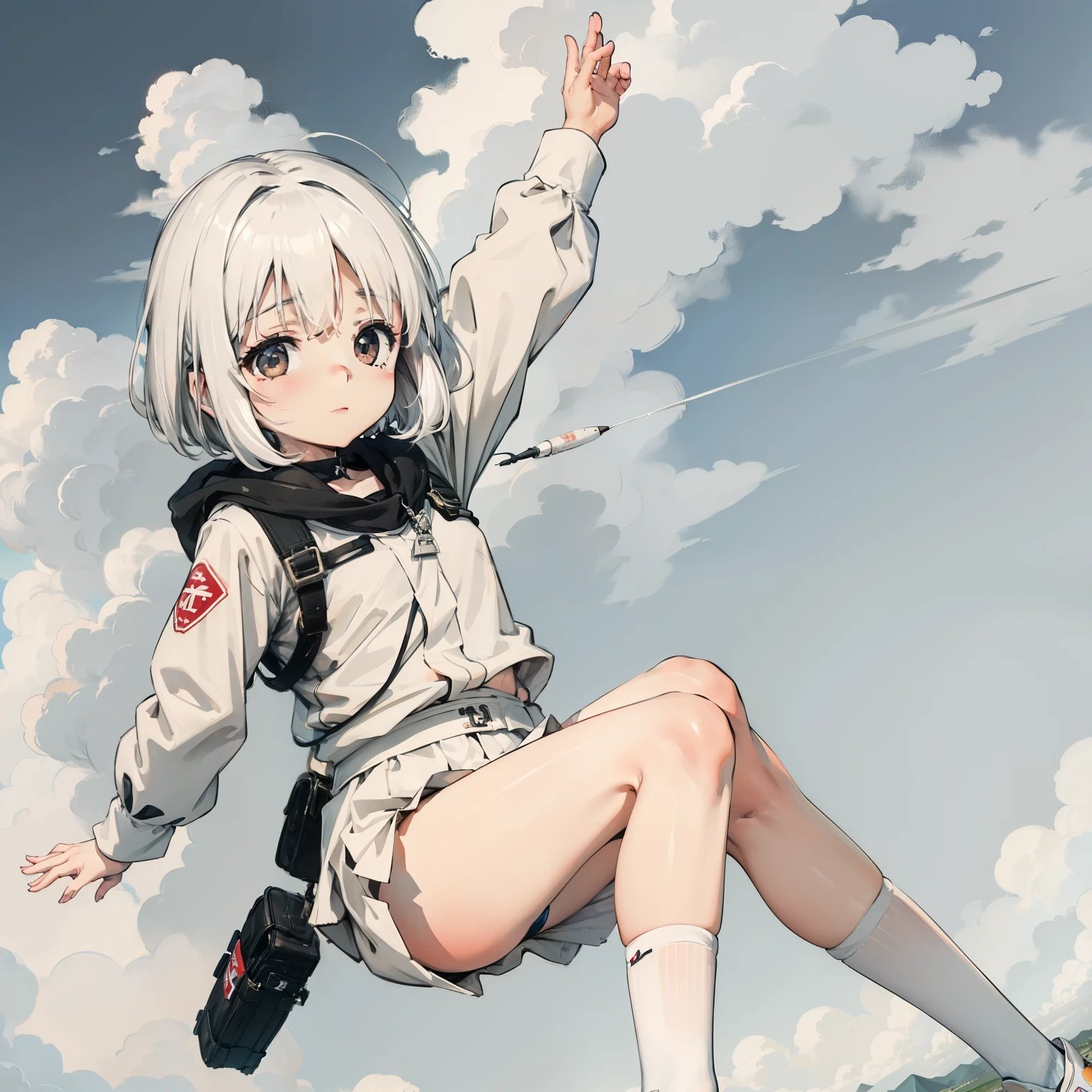 White clouds,one-girl,Loli,elementary student,Skydive from a helicopter,独奏, (with short white hair:1.2),