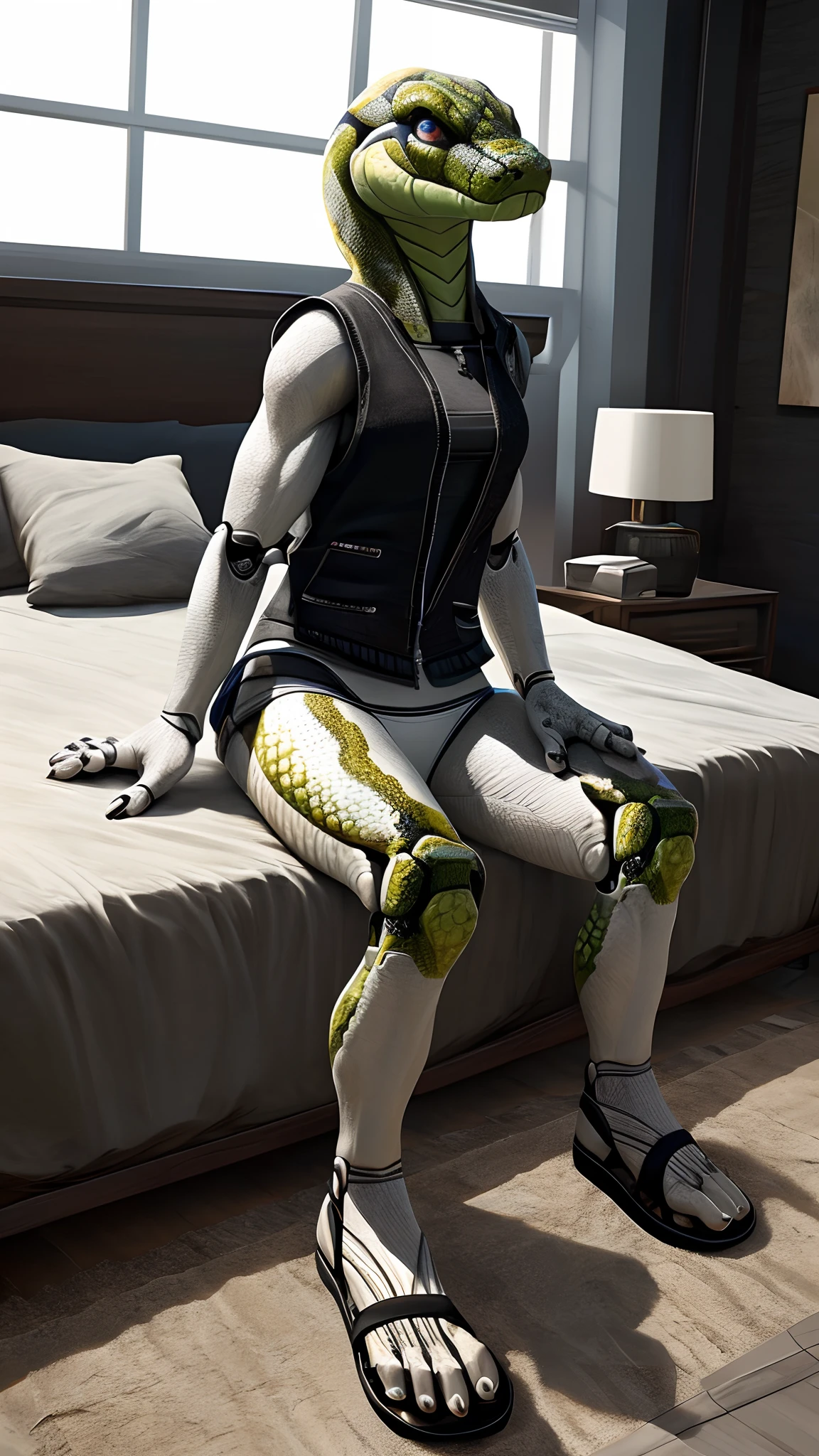 Bionic robot snake,female,Gilet blanc,white panties,sandals,sit on a bed,HD graphics,Detailed and realistic,high detal,high qulity,photo-realistic,photorealistic eye,Detailed paws,Clear eyes,Masterpiece artwork,Five-fingered hands