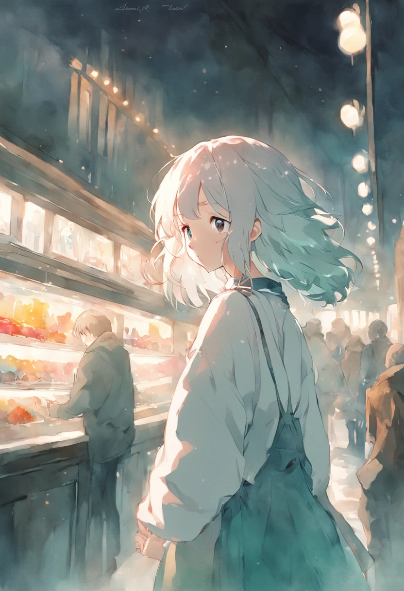 top-quality、masterpiece、Soft Focus , Bright gradient watercolor , Dreamy , White background、girl、cafes