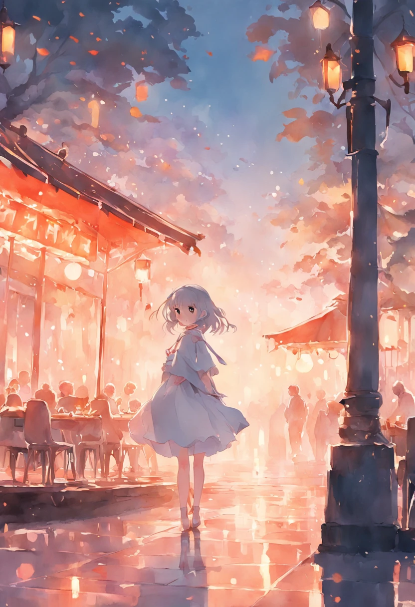 top-quality、​masterpiece、Soft Focus , Bright gradient watercolor , Dreamy , White background、girl、cafes