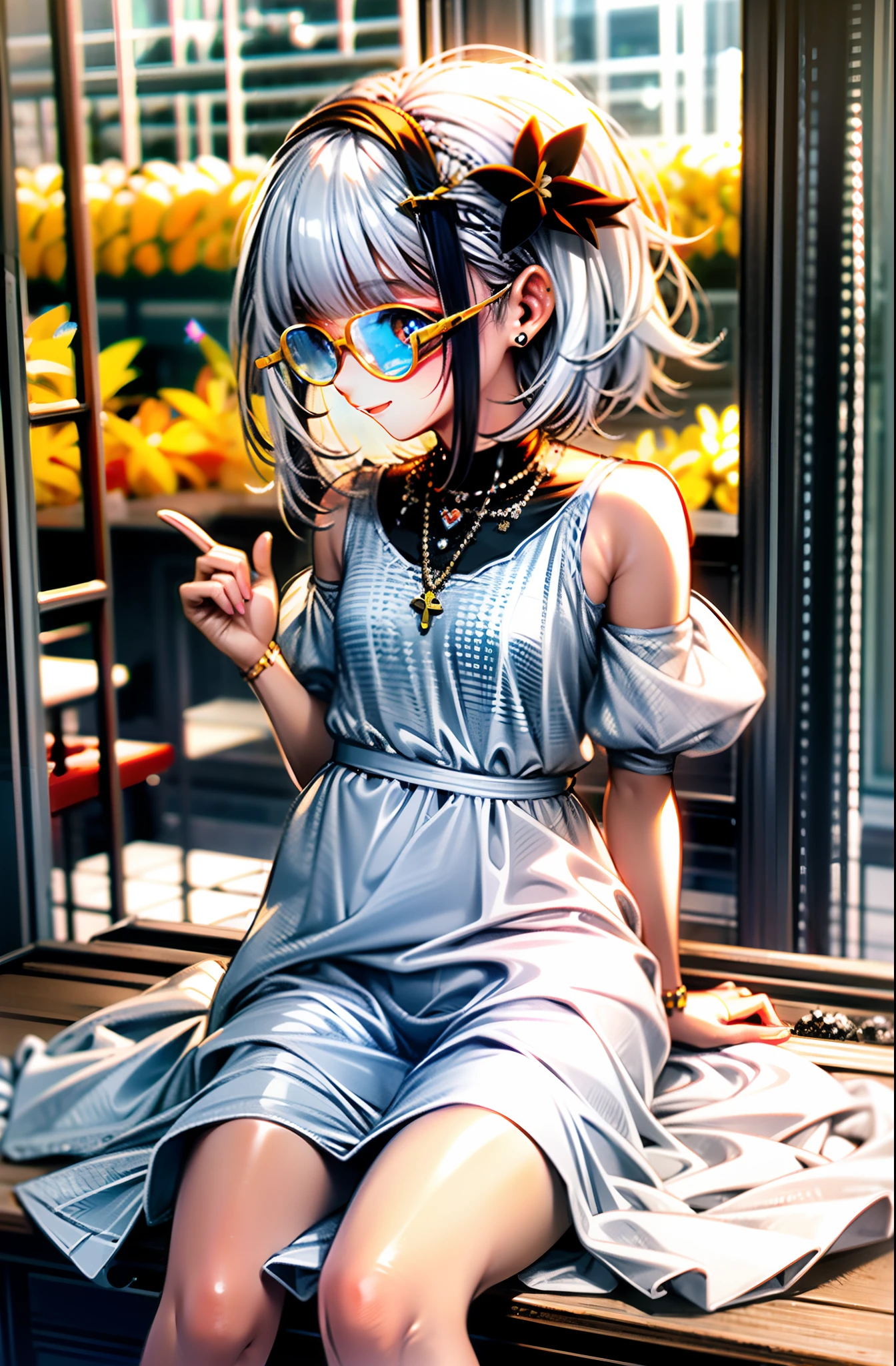 HighestQuali,tmasterpiece,1Blittle girl,Petite and cute,daffodil,White color hair,black-frame glasses