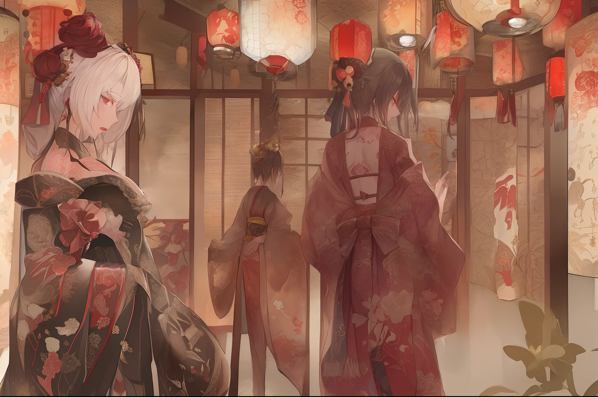 Yoshiwara, red-light district, courtesan, tattoos, slender, 16 years old, ukiyo-e, Japanese painting, watercolor painting, vibrant saturation, omitting outlines, numerous tattoos, full back tattoo, thigh tattoos, sad expression, unfortunate, red eyes, lowered gaze, plump cheeks, innocent, girl, Japanese, 170 centimeters tall, 25 kilograms in weight, fair skin.Wooden Architecture: Brothel buildings were constructed using wood and incorporated traditional Japanese architectural styles. Roofs were commonly covered with tiles, and they featured the traditional roof shapes of Japan. Grand Entrances: The entrances of these buildings were elaborately decorated, often adorned with lavish embellishments. Lanterns and banners were used to attract attention to the establishment. Lattice Doors and Shoji Screens: Windows and doors were fitted with lattice doors and shoji screens, making it difficult to see inside from outside. This design ensured privacy and discretion. Interior Design: The interiors of the buildings were opulently adorned. The individual rooms for clients were partitioned with tatami-covered floors and shoji screens, featuring a characteristic Japanese-style decor. Gardens: Some brothels included small gardens where clients and courtesans could enjoy peaceful moments together. Signs and Curtains: Signs and curtains with the brothel's name and business information were hung outside the building. These helped passersby and customers identify the establishment. Please note that the historical context and cultural practices surrounding brothels have evolved over time, and the translation provided is based on the provided information.