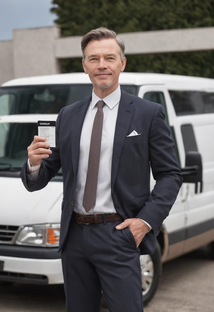Man in a suit standing next to a van, holding a sign for airport pickup, very very happy, photo-realistic, incredible quality, print ready.