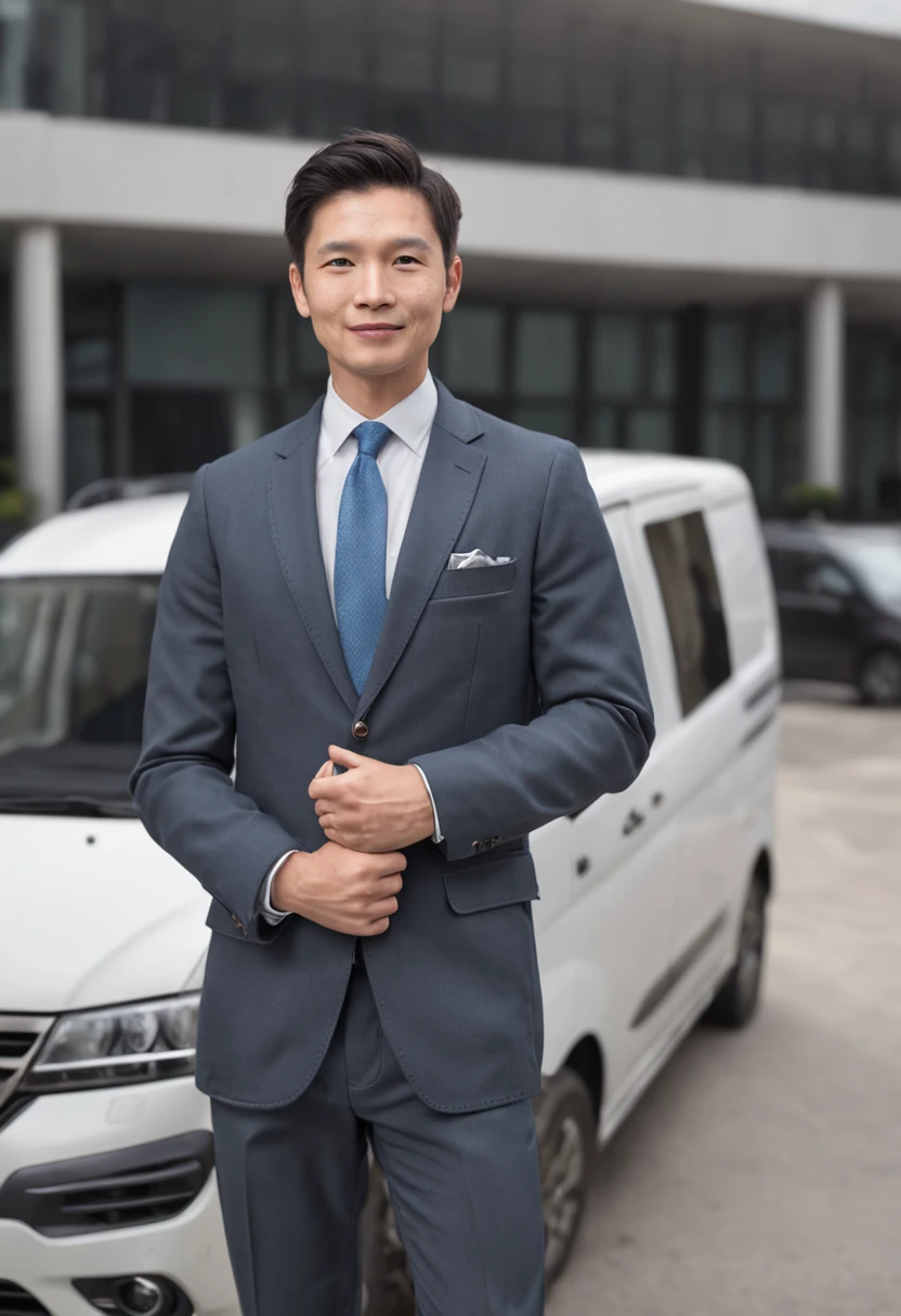 Man in a suit standing next to a van, holding a sign for airport pickup, very very happy, photo-realistic, incredible quality, print ready.