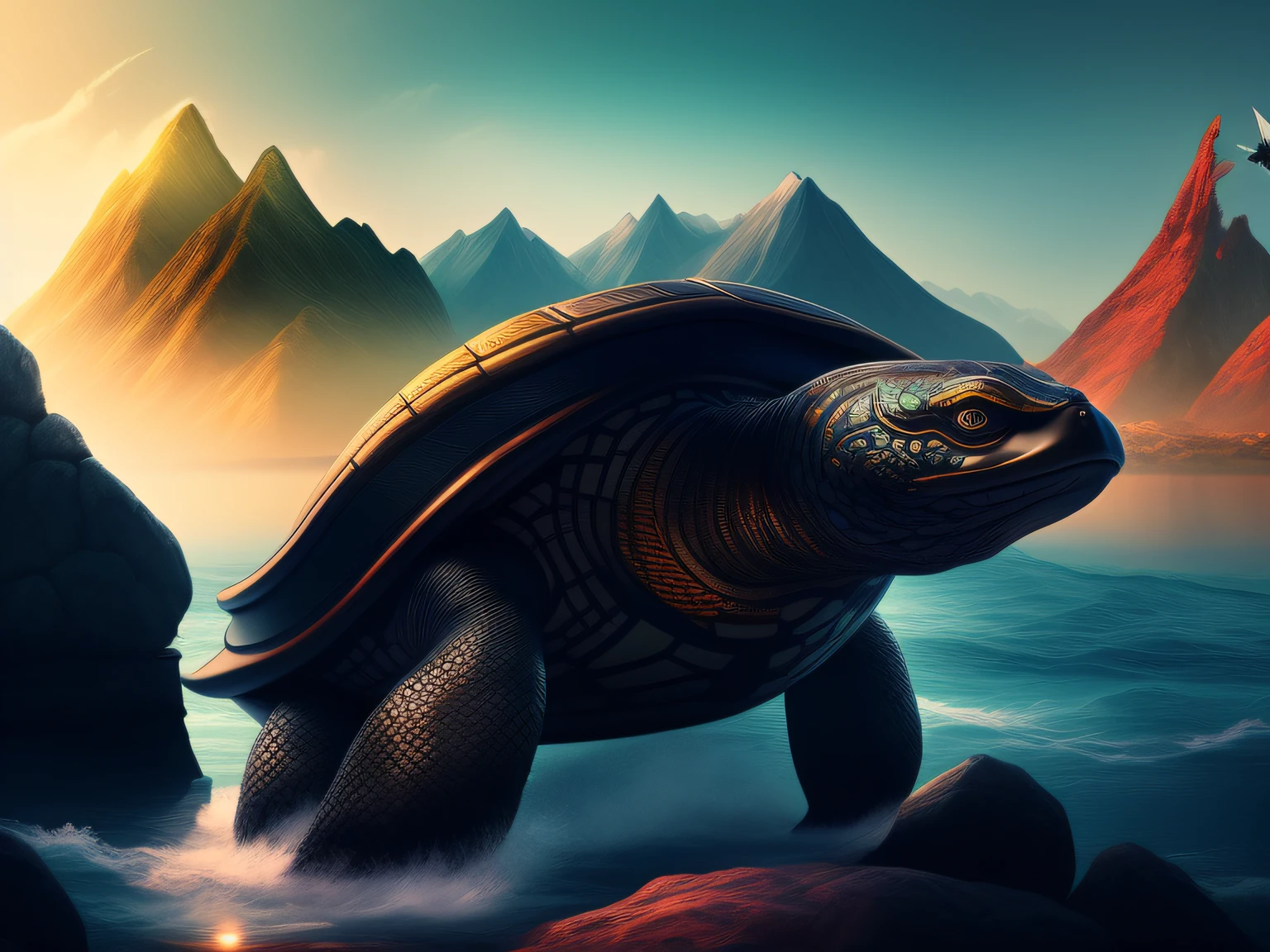 tmasterpiece,CG animation in 8K resolution,absurd res,Inspired by the Classic of Mountains and Seas,Chinese mythology and stories,mythological creatures,The black turtle has the head of a bird and the tail of a snake