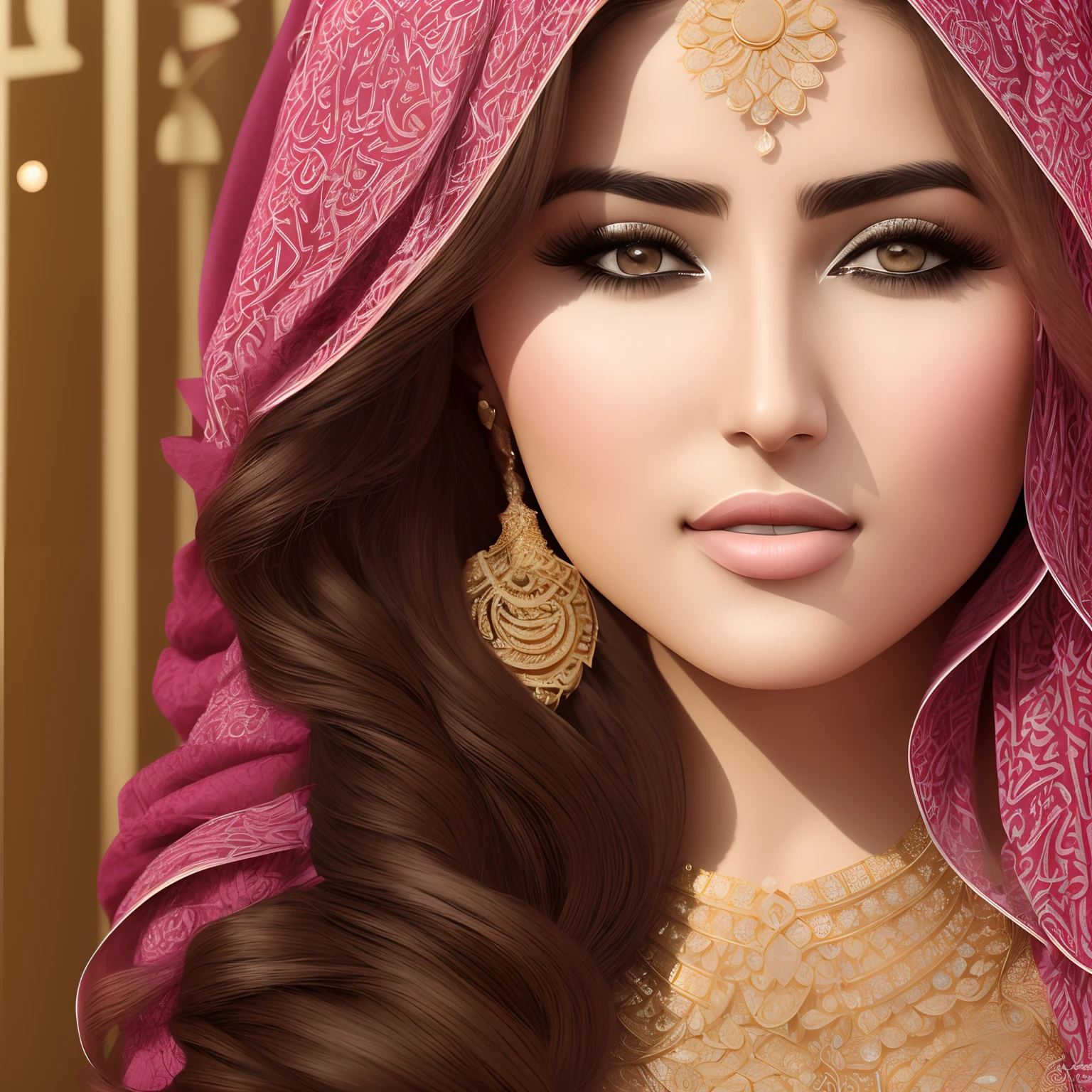 25yo Arabic female looking at the viewer, detailed face,  attractive, underboob, full elegant dress, wavy chestnut hair, ((closeup)), perfect eyes, (interior home background), (photorealistic), intricate, highly detailed, absurd res, symmetrical, backlighting, colorful,  concept art, (photography:1.5), sharp focus, illustration, award-winning, 8K.