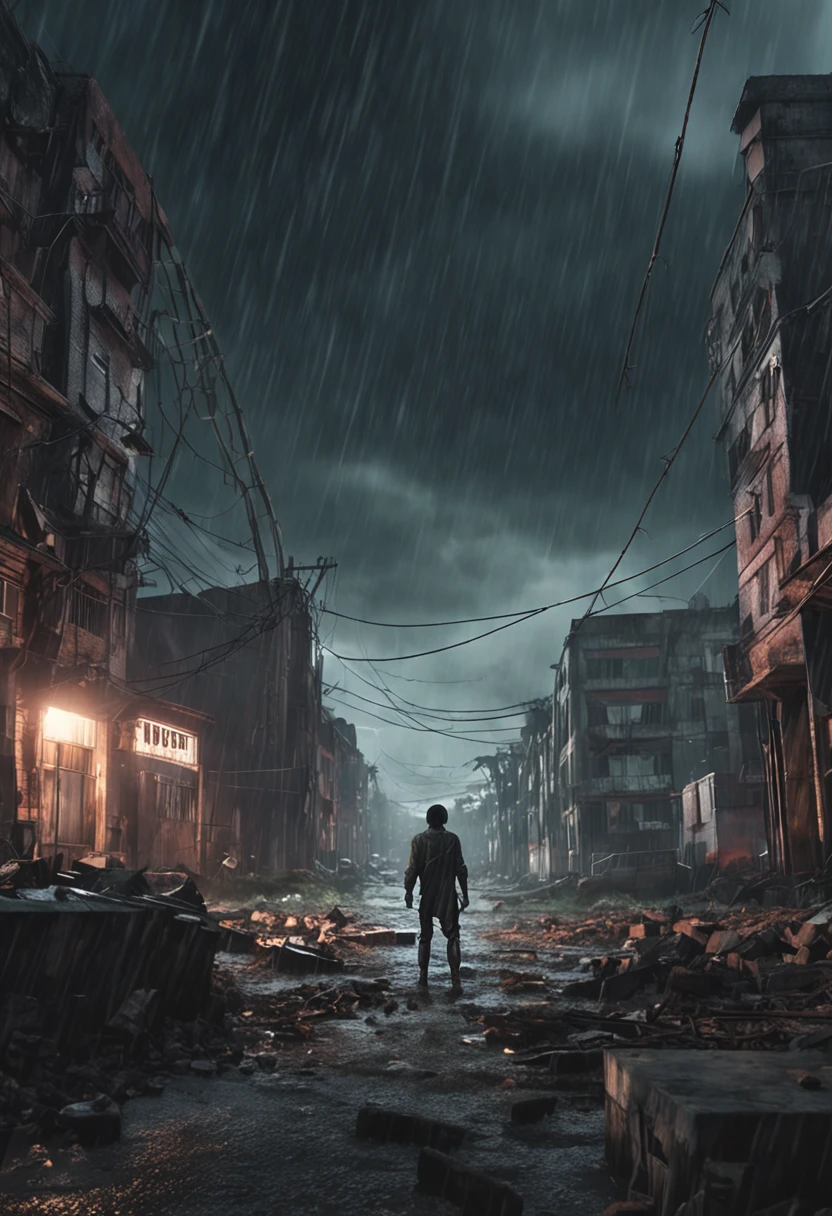 A dramatic attack on titan anime landscape set during a stormy night in the outskirts of the city. Rain pours down as lightning illuminates the scene, revealing colossal titans lurking among dilapidated buildings. The environment is eerie and haunting, with shattered windows and debris scattered around. The mood is one of fear and isolation, evoking a sense of impending danger. The style is a dark and moody 3D rendering, using atmospheric effects to enhance the stormy atmosphere