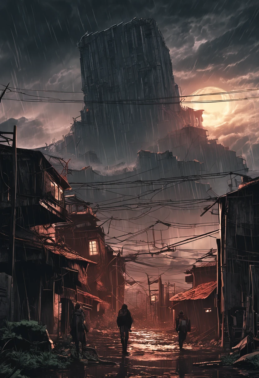 A dramatic attack on titan anime landscape set during a stormy night in the outskirts of the city. Rain pours down as lightning illuminates the scene, revealing colossal titans lurking among dilapidated buildings. The environment is eerie and haunting, with shattered windows and debris scattered around. The mood is one of fear and isolation, evoking a sense of impending danger. The style is a dark and moody 3D rendering, using atmospheric effects to enhance the stormy atmosphere