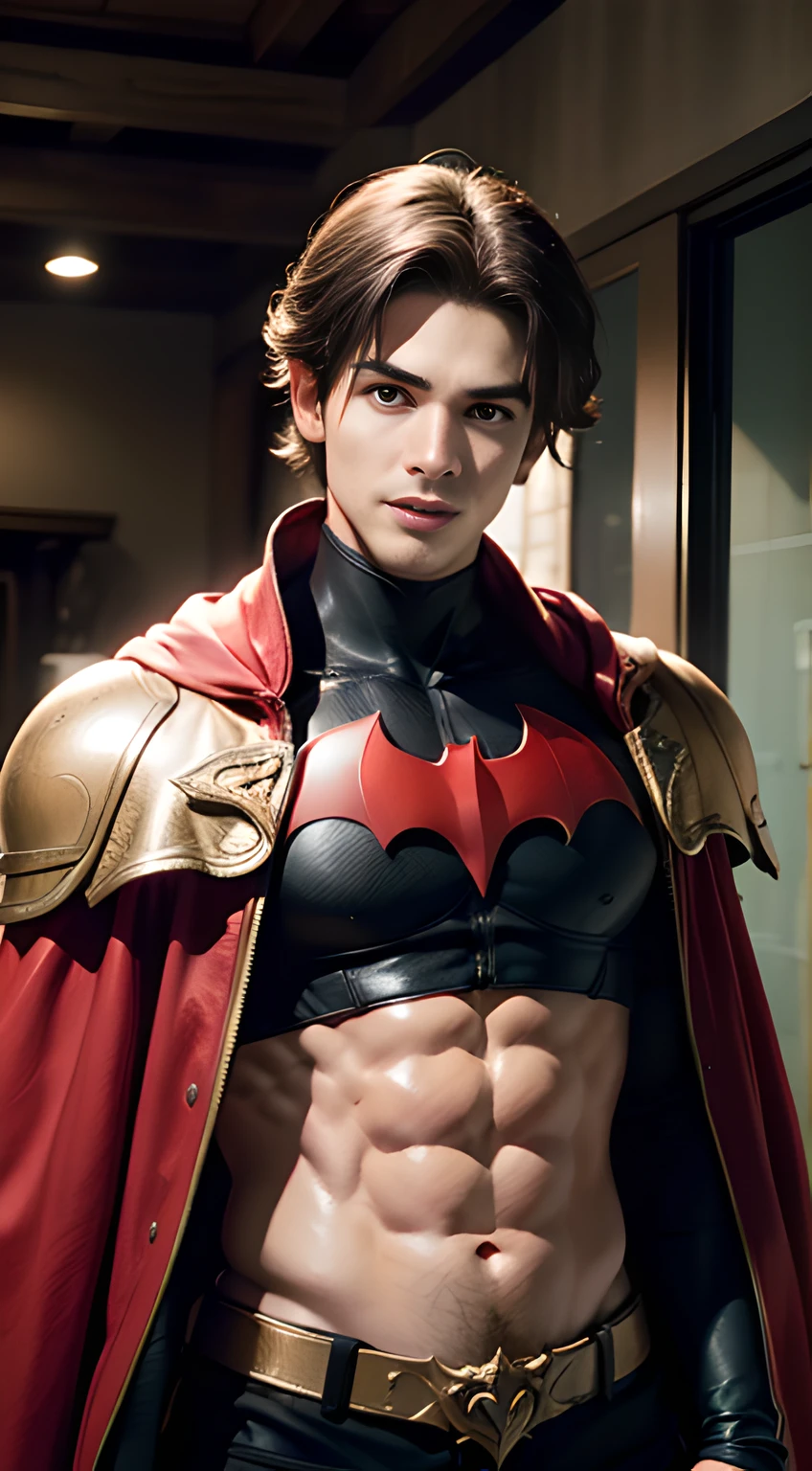 ((Men only)), (head shot), (showing his abs), (handsome muscular man in his 20s), (batman), (Batman's appearance is characterized by a red cowl, cape, and suit, adorned with a red distinctive bat emblem, exuding an aura of dark vigilance and mystery), (Pietro Boselli), (Mischievous smile), (detaile: 1 in 1), Natural muscles, HIG quality, beautidful eyes, (Detailed face and eyes), (Face、: 1 / 2), Noise, Real Photographics、... .................................................................................................................PSD, Sharp Focus, High resolution 8K, realisitic & Professional Photography, 8K UHD, Soft lighting, High quality, Film grain, FujifilmXT3