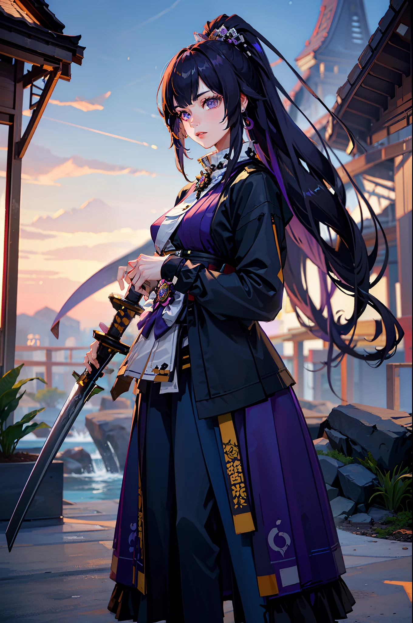 Female 25 old years, beautiful face, Long hair, Holding a sword, facing forward, Standing, Wears a purple samurai style costume, photorealistic, masterpiece, fix hands