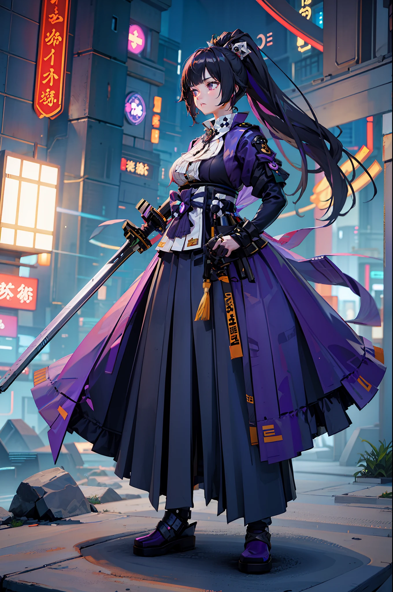 Female 25 old years, beautiful face, Long hair, Holding a sword, facing forward, Standing, Wears a purple samurai style costume, photorealistic, masterpiece, fix hands