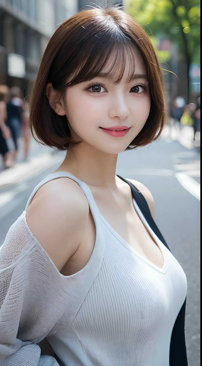 masutepiece, Best Quality, Illustration, Ultra-detailed, finely detail, hight resolution, 8K Wallpaper, Perfect dynamic composition, Beautiful detailed eyes, Women's Fashion,Short bob hair,Small breasts natural color lip, Bold sexy poses,Smile,Harajuku、20 years girl、Cute、Subject looking at sexy pose on camera
