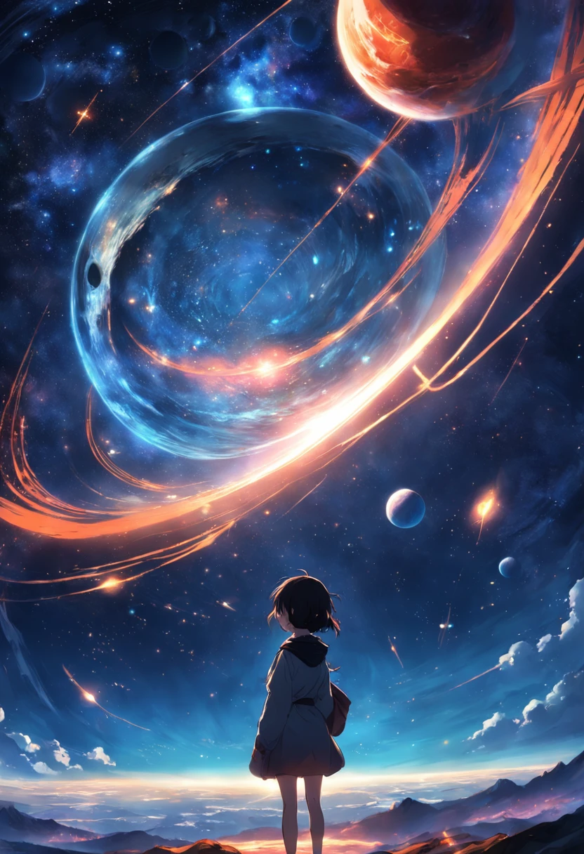 a view of the starry sky with planets orbiting it