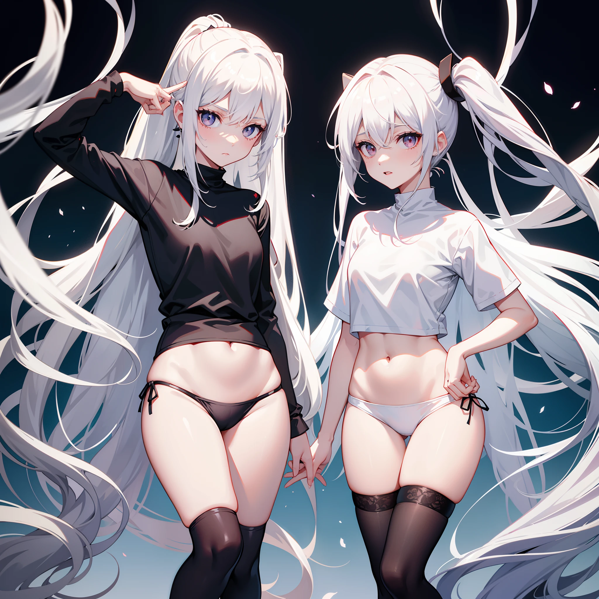 White hair with double ponytail, Vampire。Black silk wrapped thin legs,T-shirt with JK