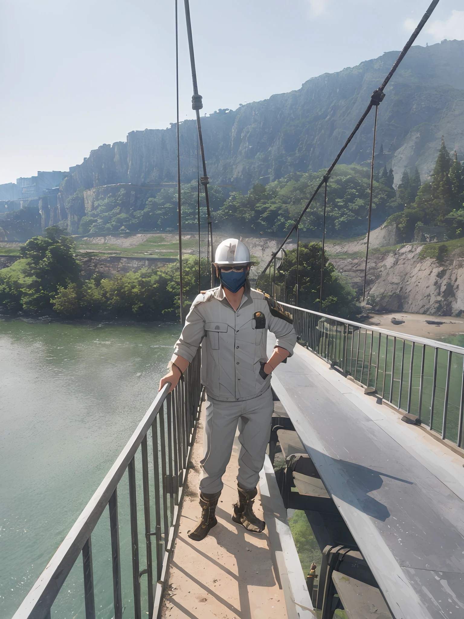 arcane style,
male engineer, wearing dark glasses. wearing a mask, wearing gray protective gear, standing on a bridge, below is a river, behind are hills, arcane style League of legend