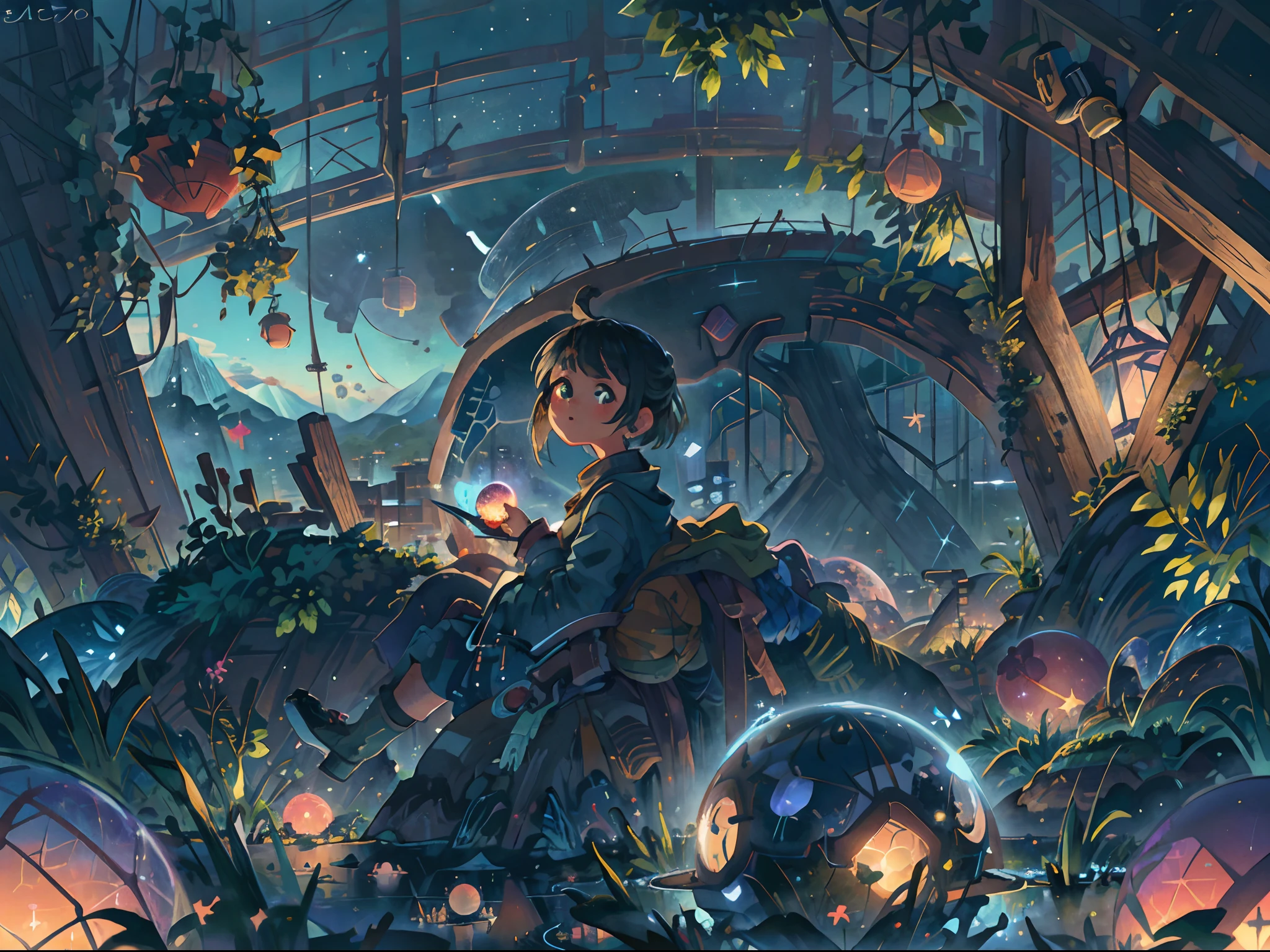 best quality, masterpiece, extremely detailed, detailed background, anime, 1girl, young girl, sci-fi, science fiction, outdoors, night, starry sky, greenhouse, megastructure, bio-dome, landscape, scenery, horizon, rooftop, sitting on rooftop, wind, looking away, atmospheric lighting, solo focus, close up, from side, depth of field, bokeh, lighting balls, floating balls