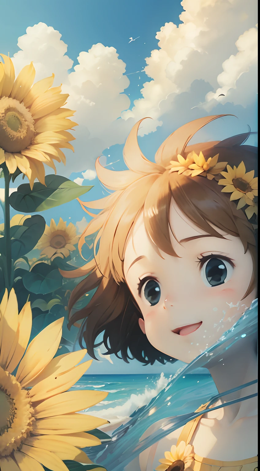 Summer clouds, Sun flower frame image, symetrical composition, Sunny weather ,sky, Sunny, Colorful, Happy summer vacation, simple picture, Close-up, Brilliant sunshine, Distant waves, Visual impact,
