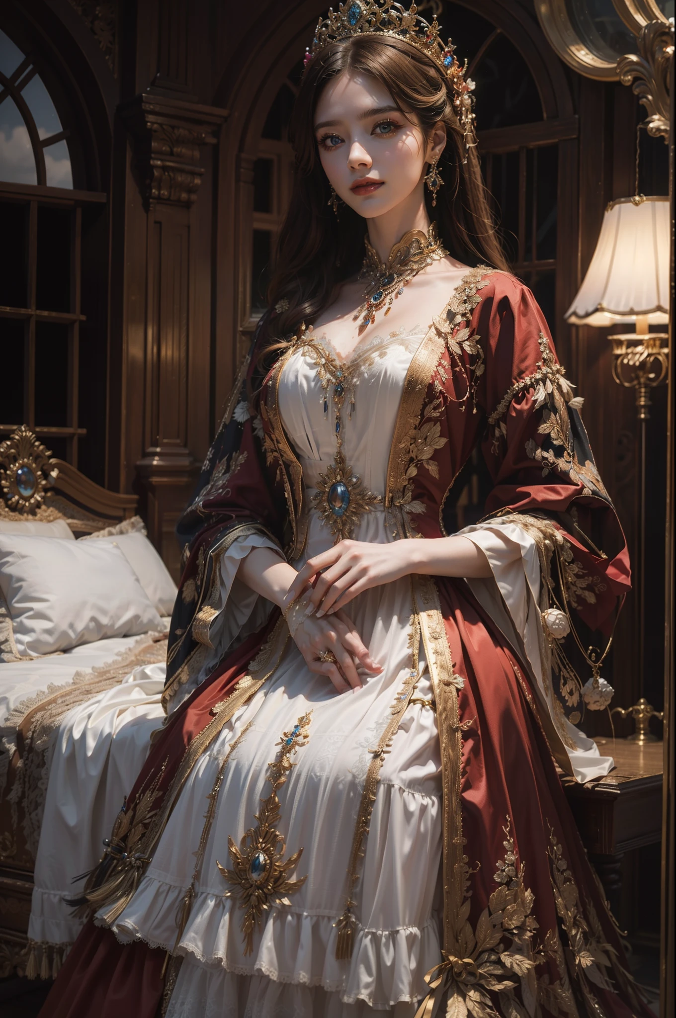 ((top-quality、​masterpiece、photographrealistic:1.4、in 8K))、1 beautiful detailed girl、extremely detailed eye and face、beatiful detailed eyes、（Complex luxury red dress in medieval European style）、Luxury accessories、Elegant smile、natta（Set in a luxurious room in the castle。Hair swaying in the wind and a dress complement her noble vibe。）、Cinematic lighting、Textured skin、Super Detail、high detailing、High quality、hight resolution、（looking at the viewers）、