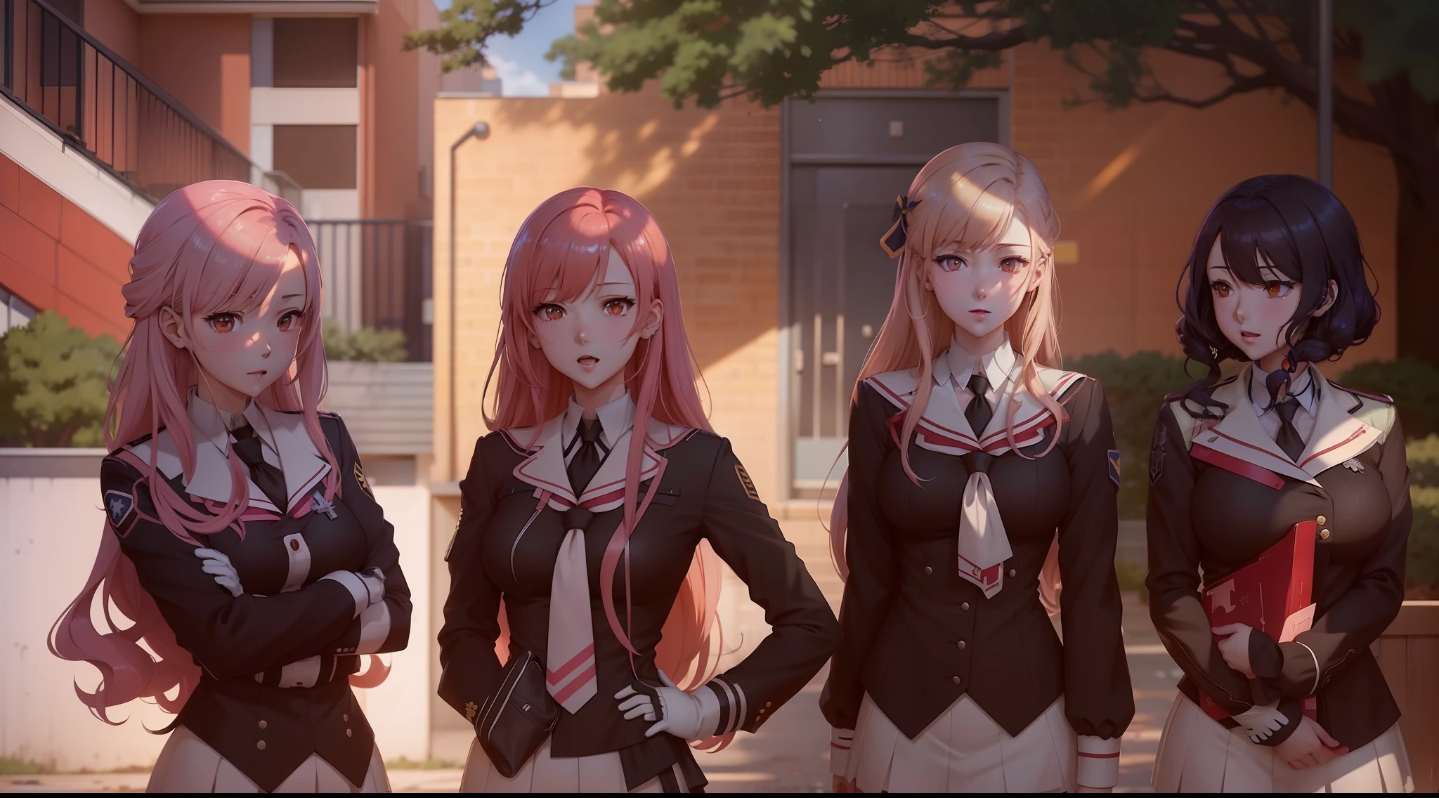 Three anime girls in school uniforms stand in front of a building, digital anime illustration, visual novel key visual, visual novel cg, smooth anime cg art, girls frontline style, anime styled digital art, Doki Doki Literary Club, digital anime art, style anime, As fate/stay night, screenshot from the anime film, Anime is still, girls frontline cg