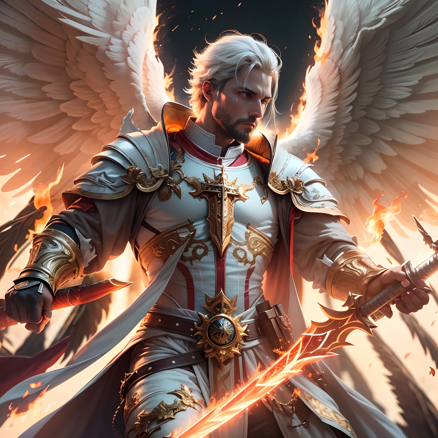 A celestial angel warrior with wings and a flaming sword, well dressed, rising above the darkness as he slashes evil with his mighty weapon, radiant white light, catholic, masculine, , Best Quality, ultra-detailed, high resolution, in 8K, 8k portrait.