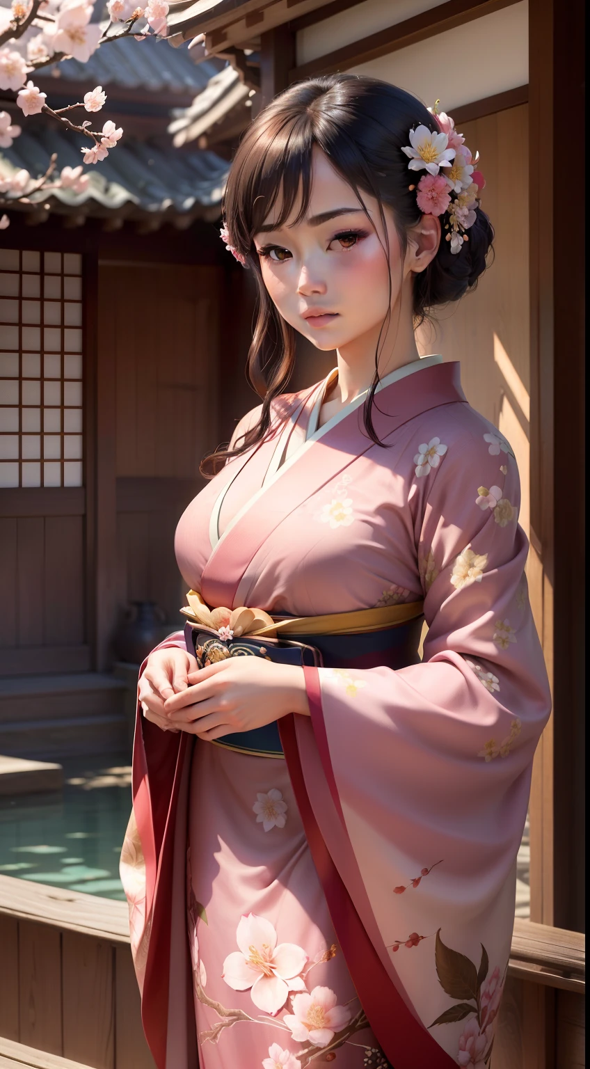 (traditional elegance, 4K, high resolution, photo-realistic:1.3), a captivating image showcasing a beautiful lady in a colorful kimono dress, radiating traditional charm against a backdrop of cherry blossoms, (graceful pose accentuating the attire:1.2), (serene eyes resonating with the surroundings:1.2), set against a serene cherry blossom garden with petals gently falling, (soft sunlight casting a warm glow:1.1), the vibrant colors of the kimono harmonizing with the blossoms, (Canon EOS R6 camera, perfect for capturing rich tones:1.2), (paired with a Canon RF 85mm f/1.2L USM lens:1.2), (capturing her elegant presence and the scenic beauty with precision:1.1), (immersing in the tranquil blossom-filled scene:1.1), (highlighting the seamless fusion of traditional attire and nature:1.1), (the image evoking a sense of timeless grace and natural beauty:1.1).