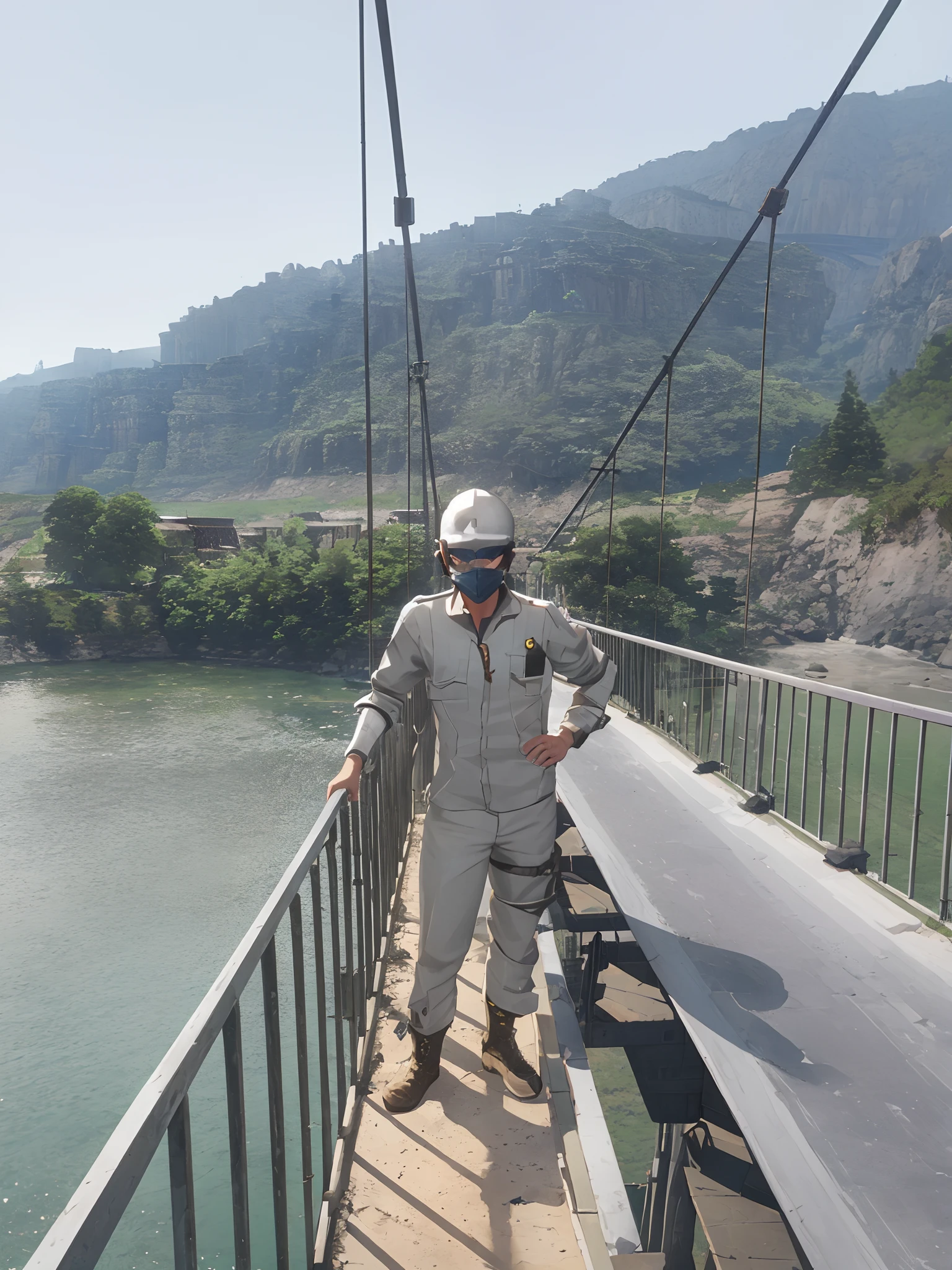 arcane style,

male engineer, wearing dark glasses.  wearing a mask, wearing gray protective gear, standing on a bridge, below is a river, behind are hills, arcane style League of legend