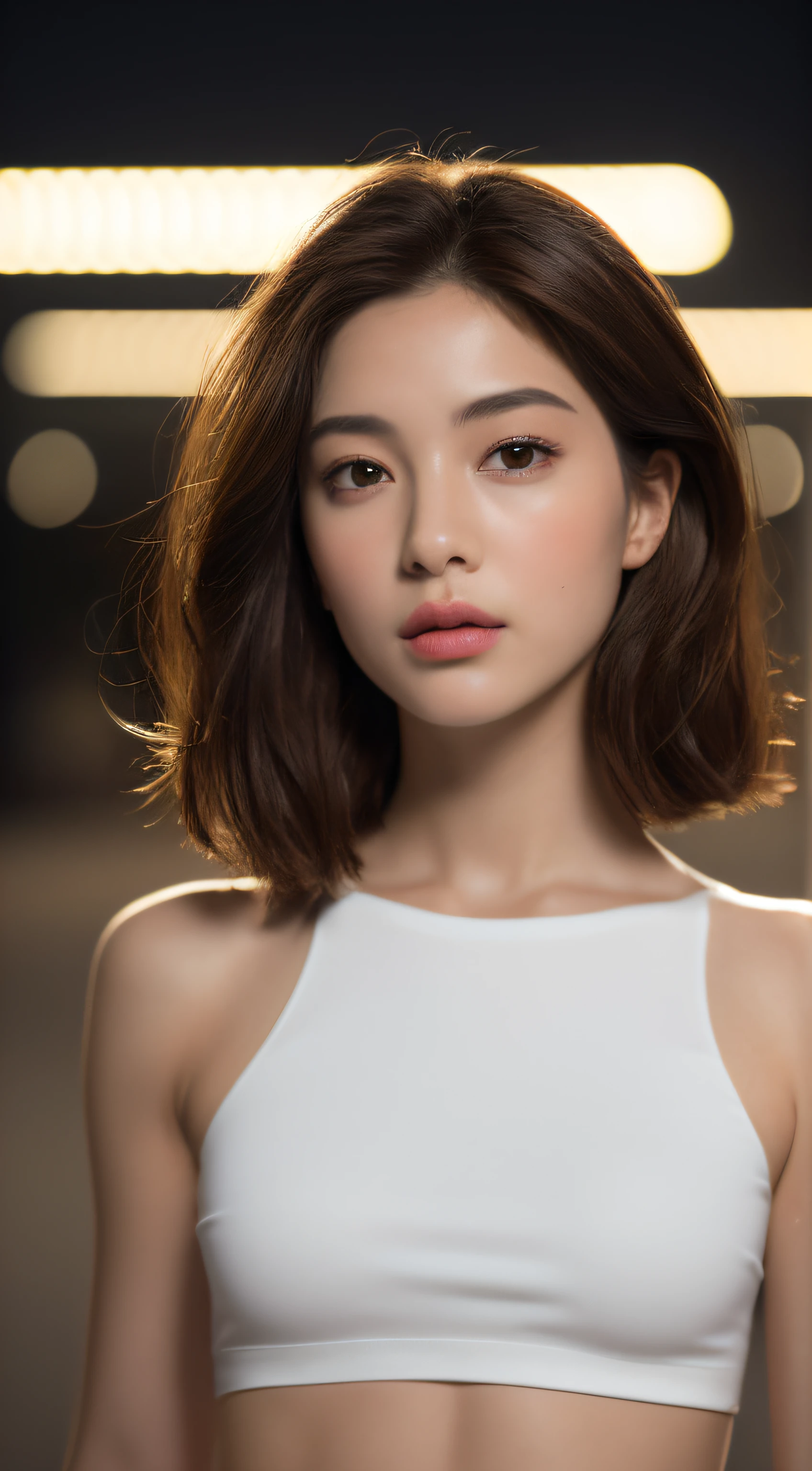 ((Realistic lighting, Best quality, 8K, Masterpiece: 1.3)), Clear focus: 1.2, 1girl, Perfect Figure: 1.4, Slim Abs: 1.1, ((Dark brown hair)), (White crop top: 1.4), (Outdoor, Night: 1.1), City streets, Super fine face, Fine eyes, Double eyelids,