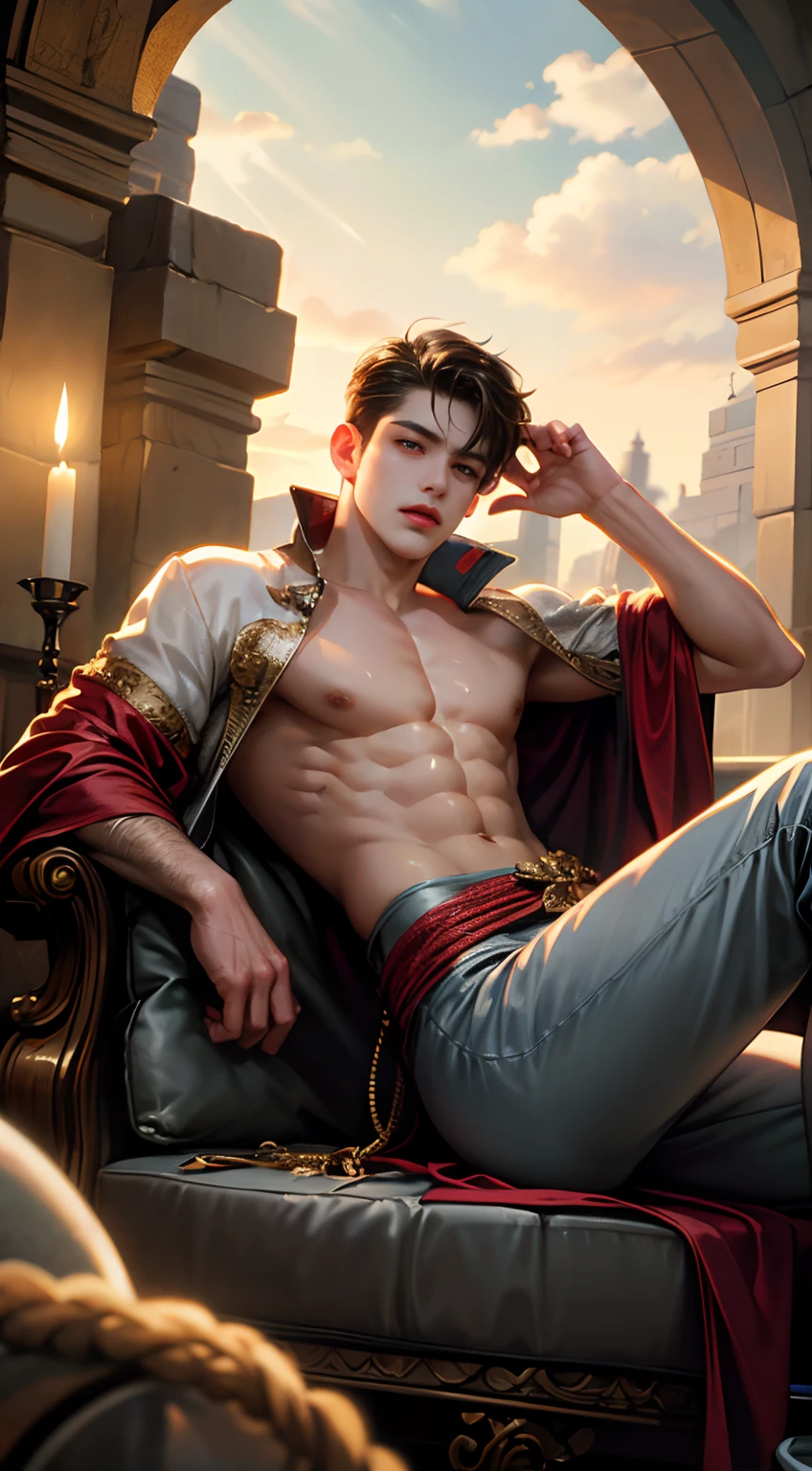 (absurderes, A high resolution, Ultra detailed, hdr), Masterpiece, Best quality, Portrait of a boy, Handsome boy with red eyes, Detailed face, Professional photo, The Arafards went into battle shirtless, legs are open,Lie comfortably， (puffynipple(From below:1.1)), Focus on your audience,18 year old boy, Handsome boy, [ well-defined body ]，Abs，chest muscle，large bulge，grotto，torches，Wrap the rope around the upper body(Cord！binding！），sweat leggs，