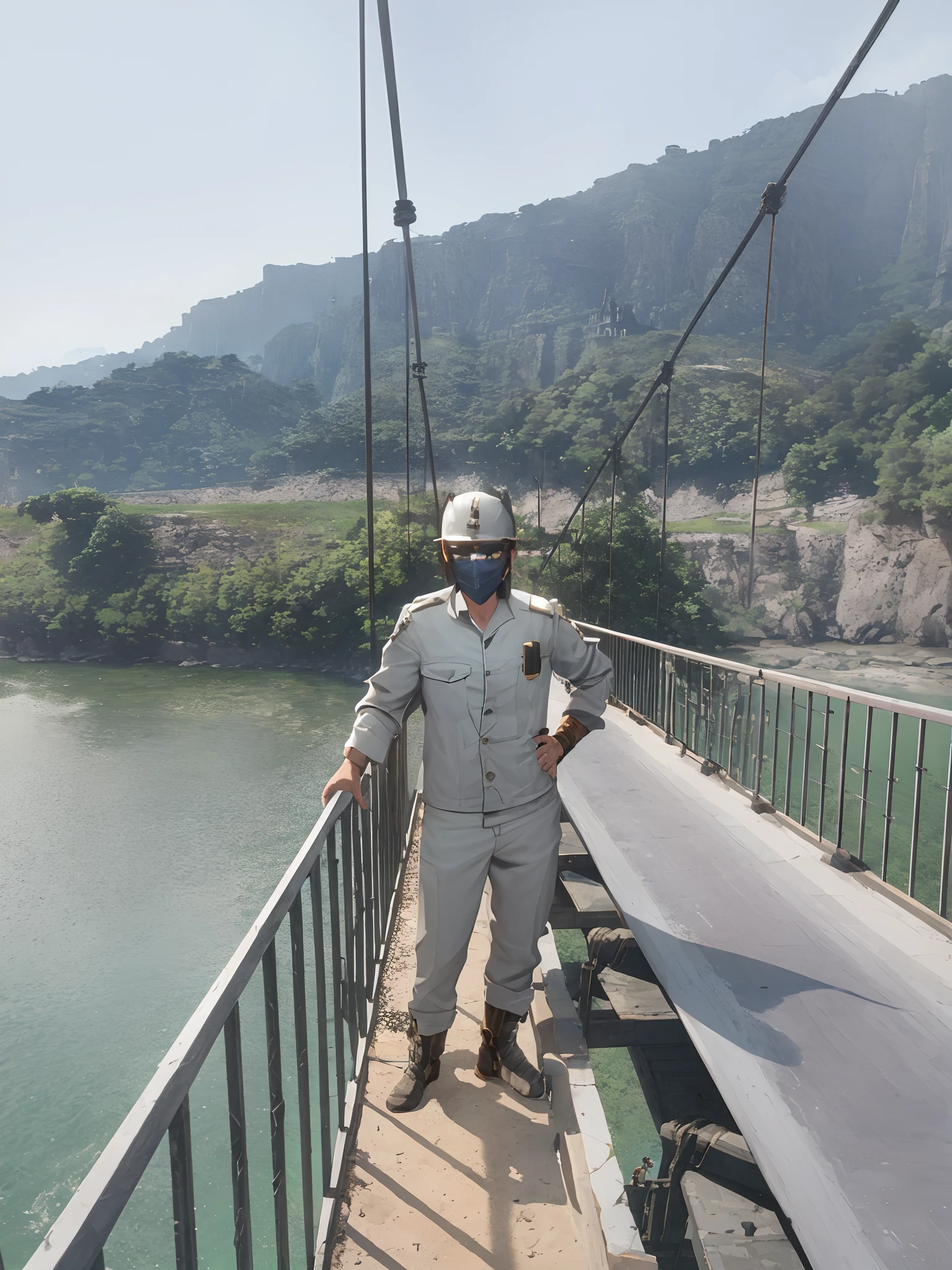 arcane style,
male engineer, wearing dark glasses. wearing a mask, wearing gray protective gear, standing on a bridge, below is a river, behind are hills, arcane style League of legend