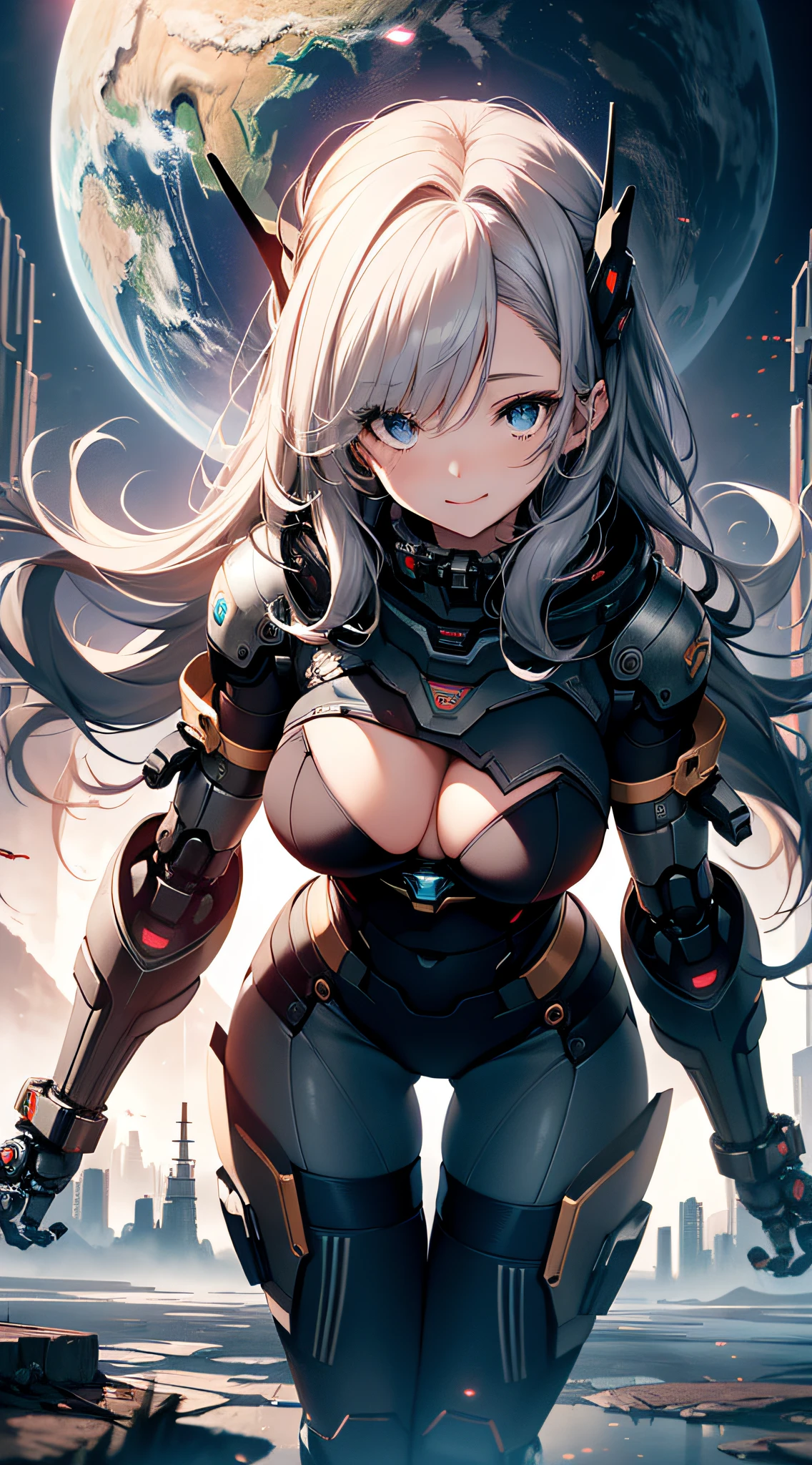 top-quality、Top image quality、masterpiece、Mecha Girl((18year old、Mechanical parts、Robot joints,Black tights,Bust 100、silber hair、Flying towards the viewer、Breasts wide open,Large valleys、Reaching out、Blue eyes、Smiling face、Dye cheeks、Right Eye Scouter))hiquality、depth of fields、Background with((World of the Apocalypse))、Depth((planet earth))