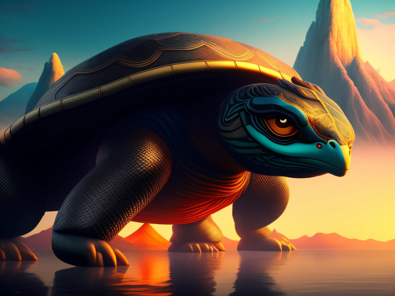 tmasterpiece,CG animation in 8K resolution,absurd res,Inspired by the Classic of Mountains and Seas,Chinese mythology and stories,mythological creatures,The black turtle has the head of a bird and the tail of a snake