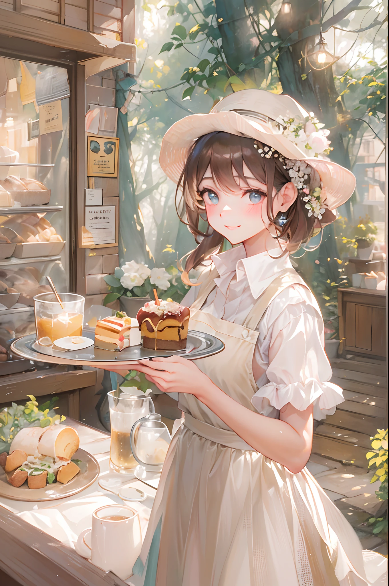 A small café in the forest. A stylish café with a terrace tucked away in the forest. We offer a variety of menus including delicious coffee., a cake, sandwich, and spaghetti. The smile of the clerk in the apron is very nice.、It is very popular with customers.effect///Fluffy pastel colors.fine brushes,（XF 35mm F1 key.4 R,F1.4,Maximum aperture,become blunt:1.5） Rough, detailed watercolour, soft and fantastic, pastel, Fluffy, (extremely fine and beautiful), (Perfect Detail)、(pastel color),Soft texture:1.2.(masutepiece, Best Quality), (finely detailed beautiful eye), (finely detailed  eyes and detailed face),The tones are also visibly luminous.Pale blurred contours,Unobtrusive lighting, moody atmosphere,subtle highlights