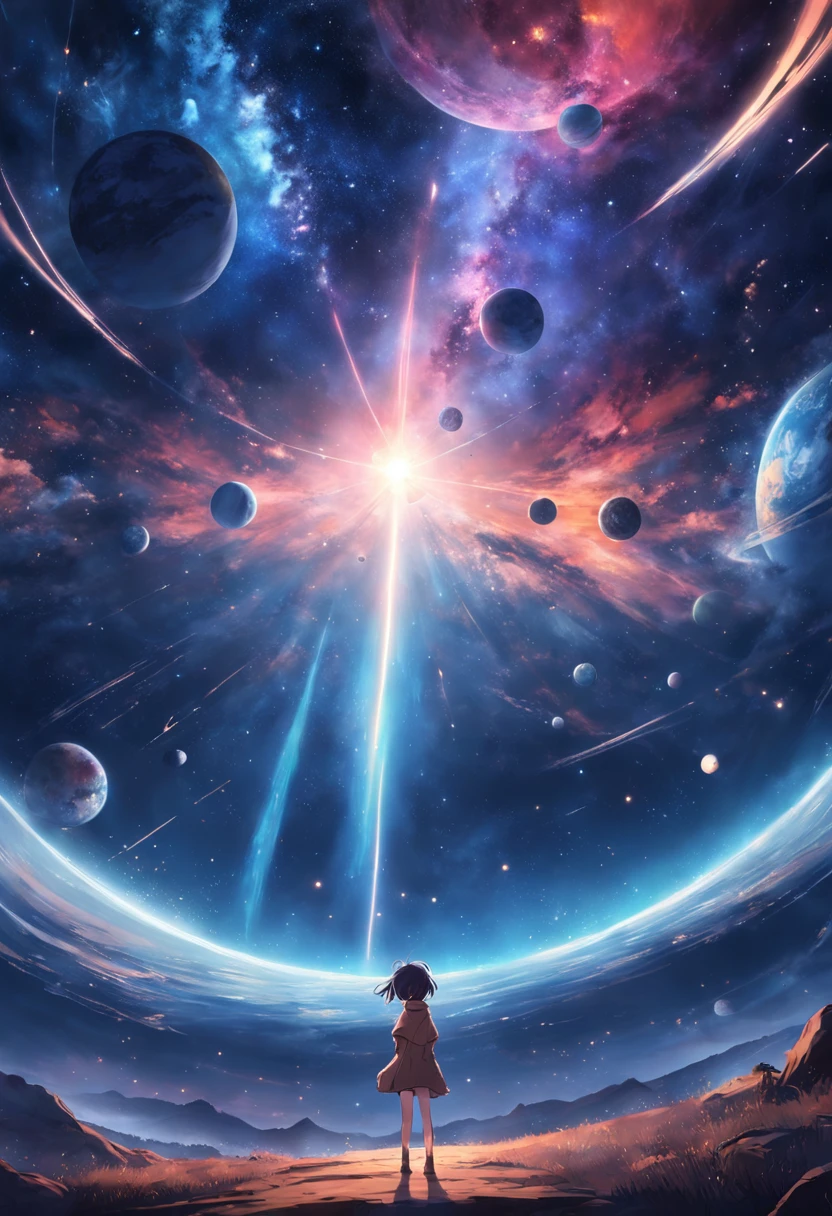 a view of the starry sky with planets orbiting it