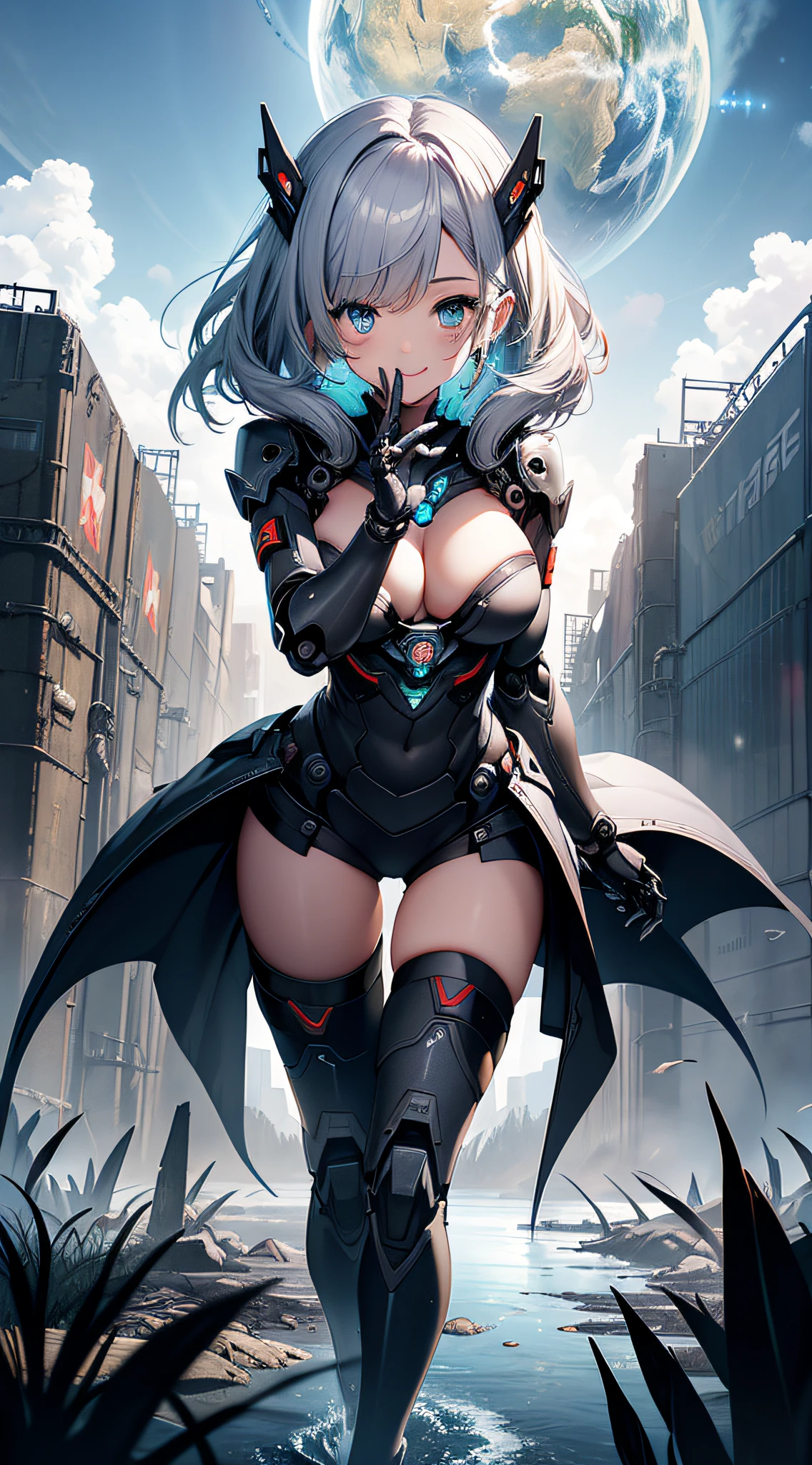 top-quality、Top image quality、​masterpiece、Mecha Girl((18year old、Mechanical parts、Robot joints,Black tights,Bust 100、silber hair、Flying towards the viewer、Breasts wide open,Large valleys、Reaching out、Blue eyes、Smiling face、Dye cheeks、Right Eye Scouter)）hiquality、depth of fields、Background with((World of the Apocalypse))、Depth((planet earth))