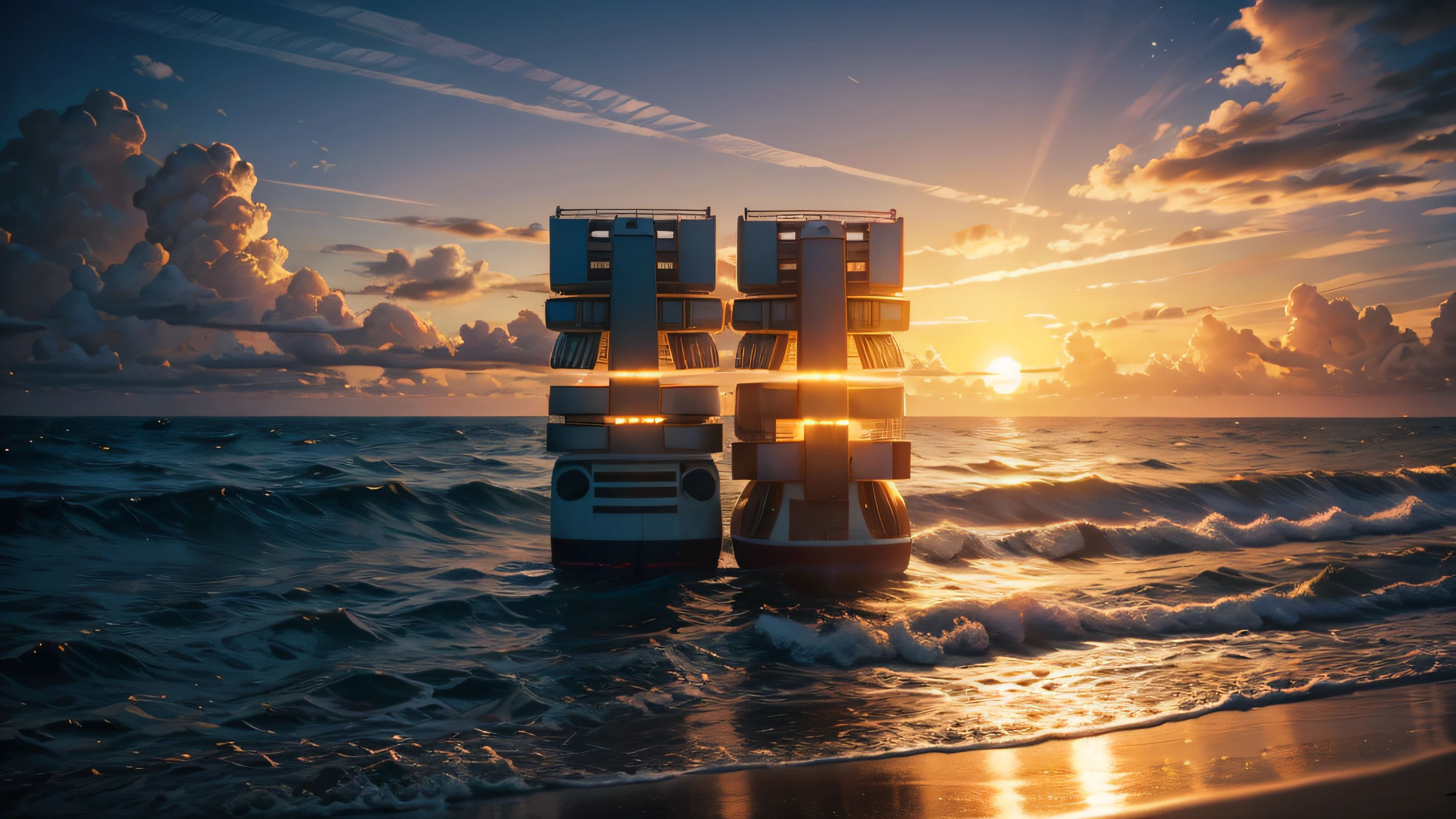the sea,the night,Colorful sea,sandbeach,the setting sun,evening light,tmasterpiece,Best quality,ultra - detailed。