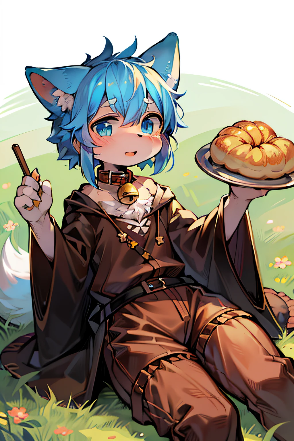 tmasterpiece，high high quality，Ridiculous resolution，digitial painting\（artwork of a\），by dagasi, yupa,kiyosan，（Fluffy fur，Blue fur，Full Body Furry，croissant，Wolf motif：1.2），Human male wolf。eBlue eyes，eyes with brightness，in a panoramic view，Character focus。detailedbackground，Eat cantaloupe，（Bell，Pet collars，baggy clothes：1.2），（coyote，breads，grassy fields：1.3）