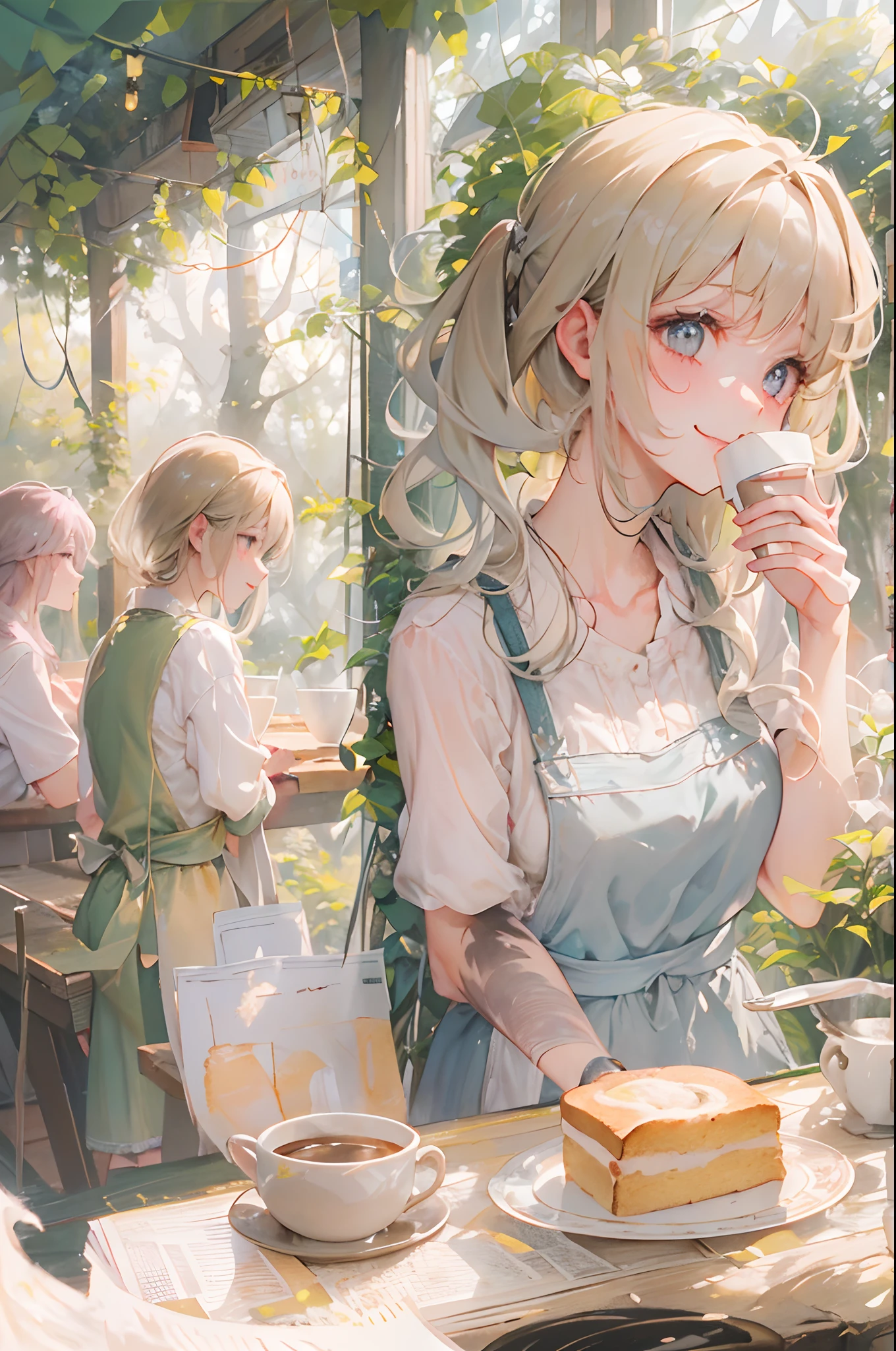 A small café in the forest. A stylish café with a terrace tucked away in the forest. We offer a variety of menus including delicious coffee., a cake, sandwich, and spaghetti. The smile of the clerk in the apron is very nice.、It is very popular with customers.effect///Fluffy pastel colors.fine brushes,（XF 35mm F1 key.4 R,F1.4,Maximum aperture,become blunt:1.5） Rough, detailed watercolour, soft and fantastic, pastel, Fluffy, (extremely fine and beautiful), (Perfect Detail)、(pastel color),Soft texture:1.2.(masutepiece, Best Quality), (finely detailed beautiful eye), (finely detailed  eyes and detailed face),The tones are also visibly luminous.Pale blurred contours,Unobtrusive lighting, moody atmosphere,subtle highlights