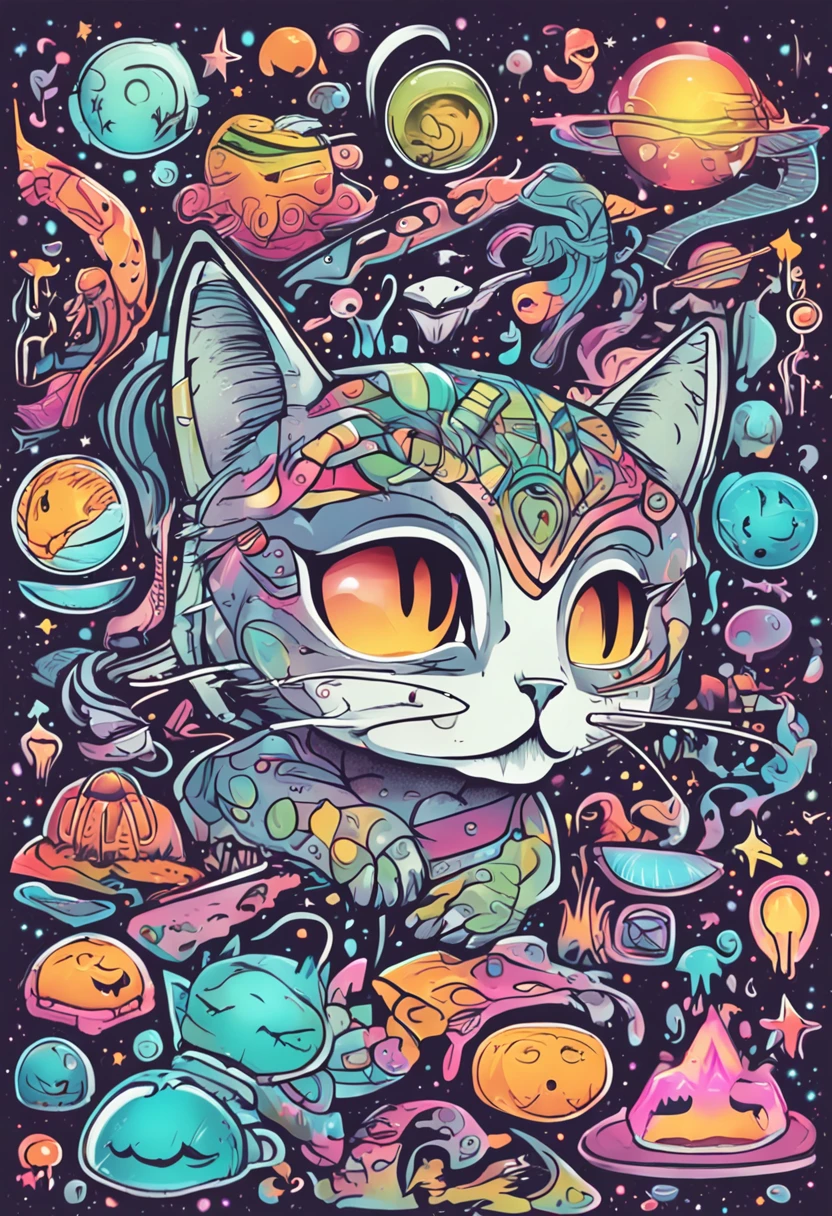 Cute stickers　Cat alien　iridescent eyes　I have a cute tattoo　thick linework　Children's stickers　colourfull　Old Surf Style