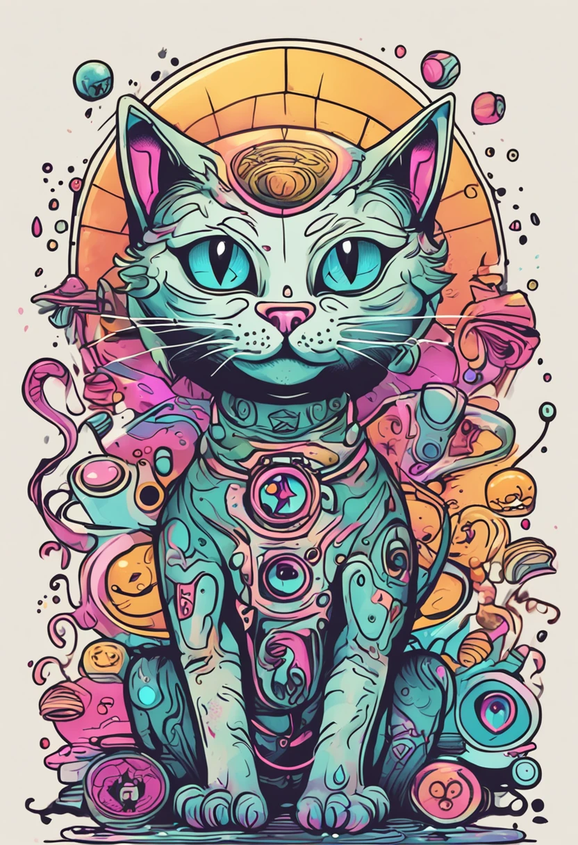 Cute stickers　Cat alien　iridescent eyes　I have a cute tattoo　thick linework　Children's stickers　colourfull　Old Surf Style