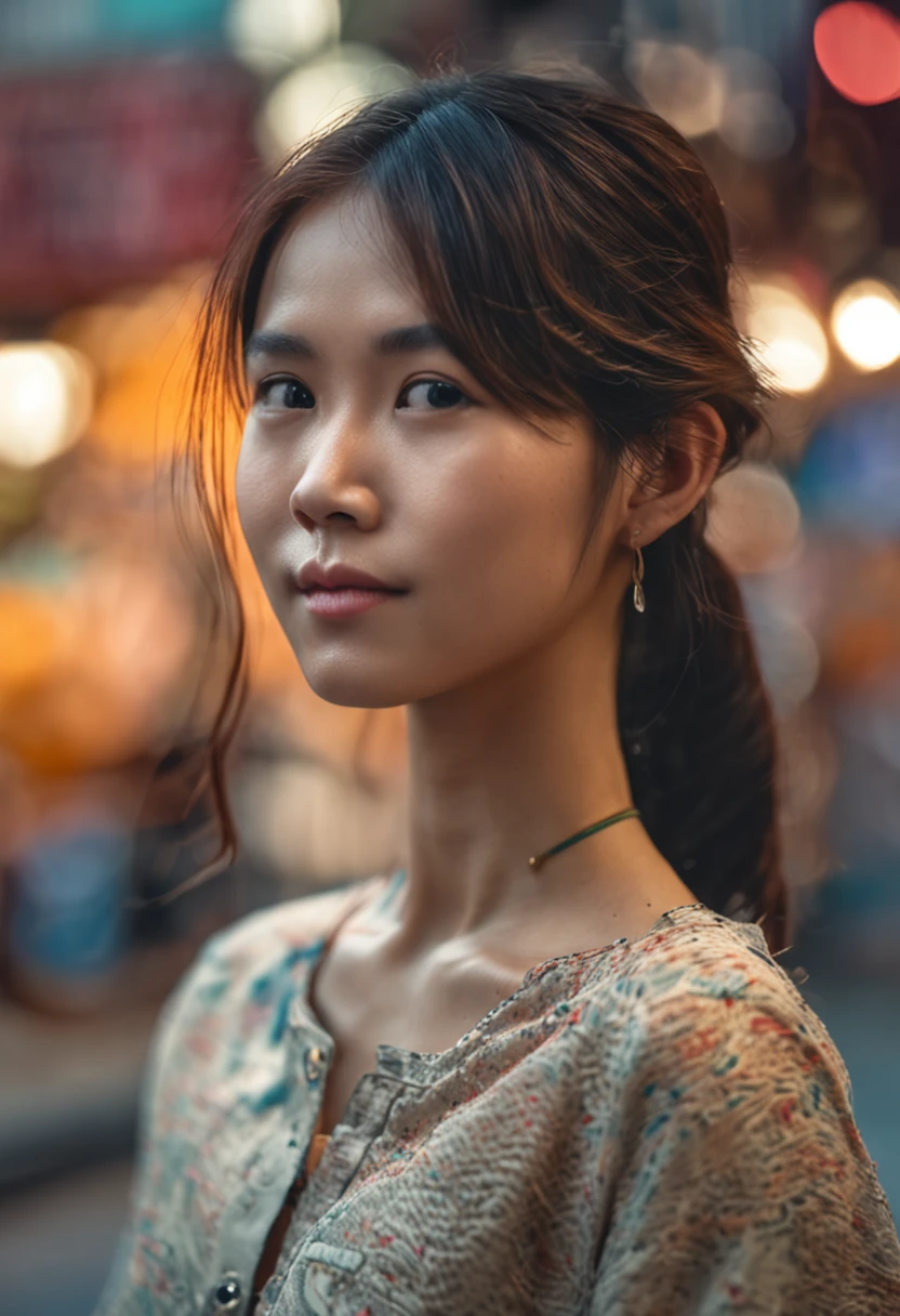 araffe woman with long hair and a necklace standing on a street, south east asian with round face, 8k artgerm bokeh, detailed face of a asian girl, soft portrait shot 8 k, a young asian woman, an asian woman, beautiful asian woman, young cute wan asian face, asian beautiful face, nivanh chanthara