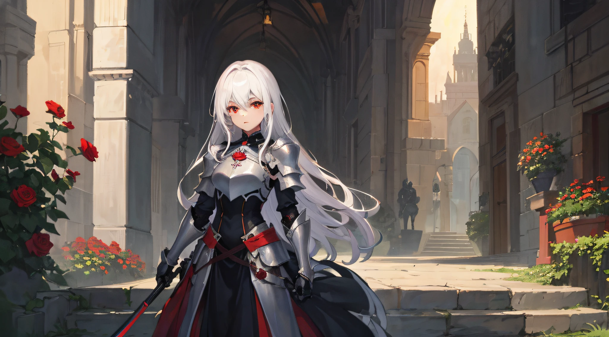 A teenage girl,White hair and red eyes,long whitr hair,Original Character、fantasy concept art、Volumetriclighting、Best shadow、shallowdepthoffield、Portrait of a noble knight、Dignified、Sophisticated tactical heavy armor、Tassel waistband、Hand Guard、Pauline、High quality armor texture,sword sheath,Stand up,arms folded,Gaze towards the viewer,Dazzling sunlight,Rose garden,Rose thorn shrub,(HighestQuali,astonishing detail:1.25),(独奏:1.3),Brilliant and colorful paintings