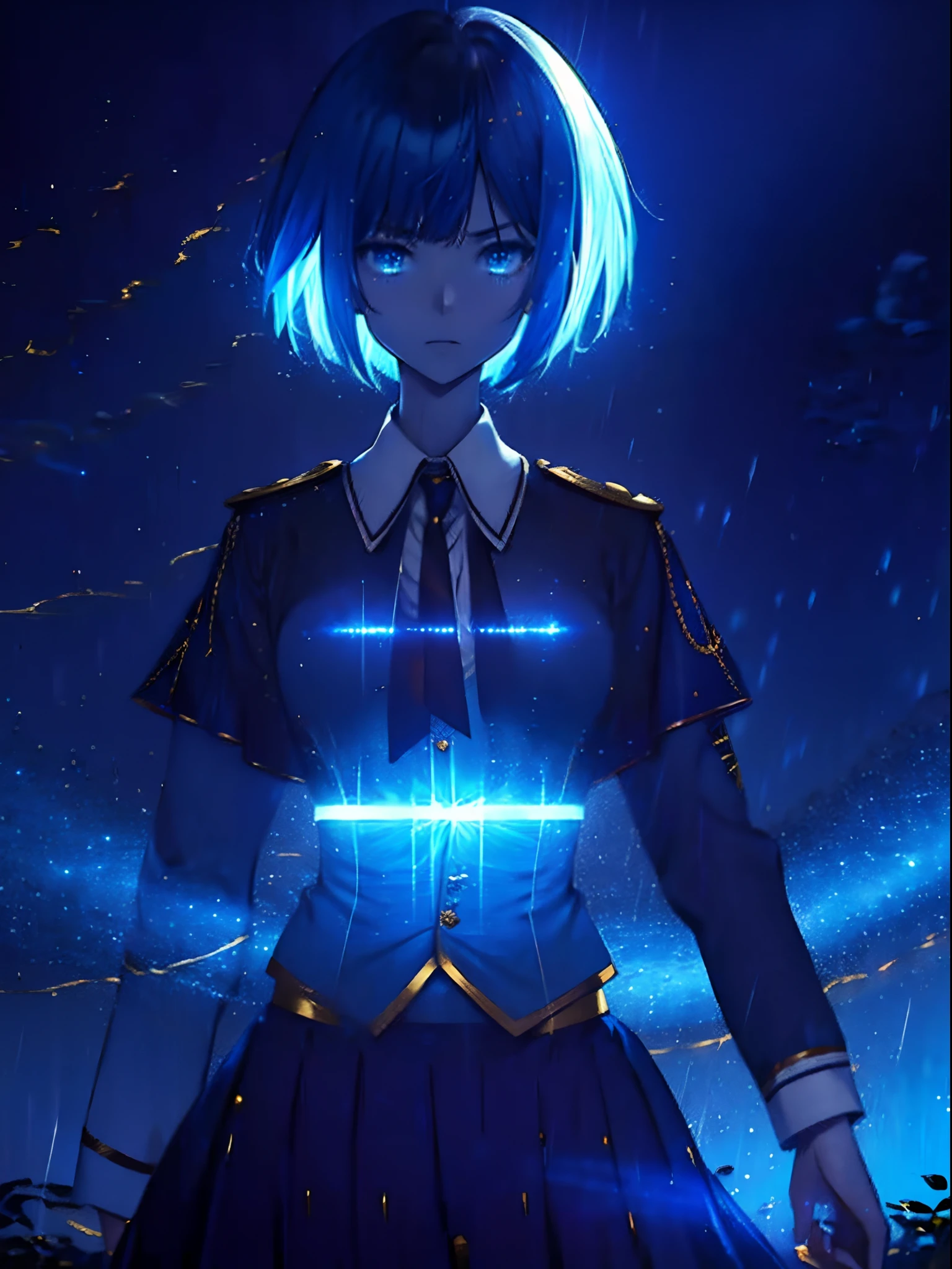 1 girl, solo, young girl, teenager, narrow head, short azure hair, blue eyes glowing red, angered expression, gold hair ornament, white and blue school uniform, long skirt, zoomed out, very dim lighting, rainy night, dark picture, cliff, under a tree