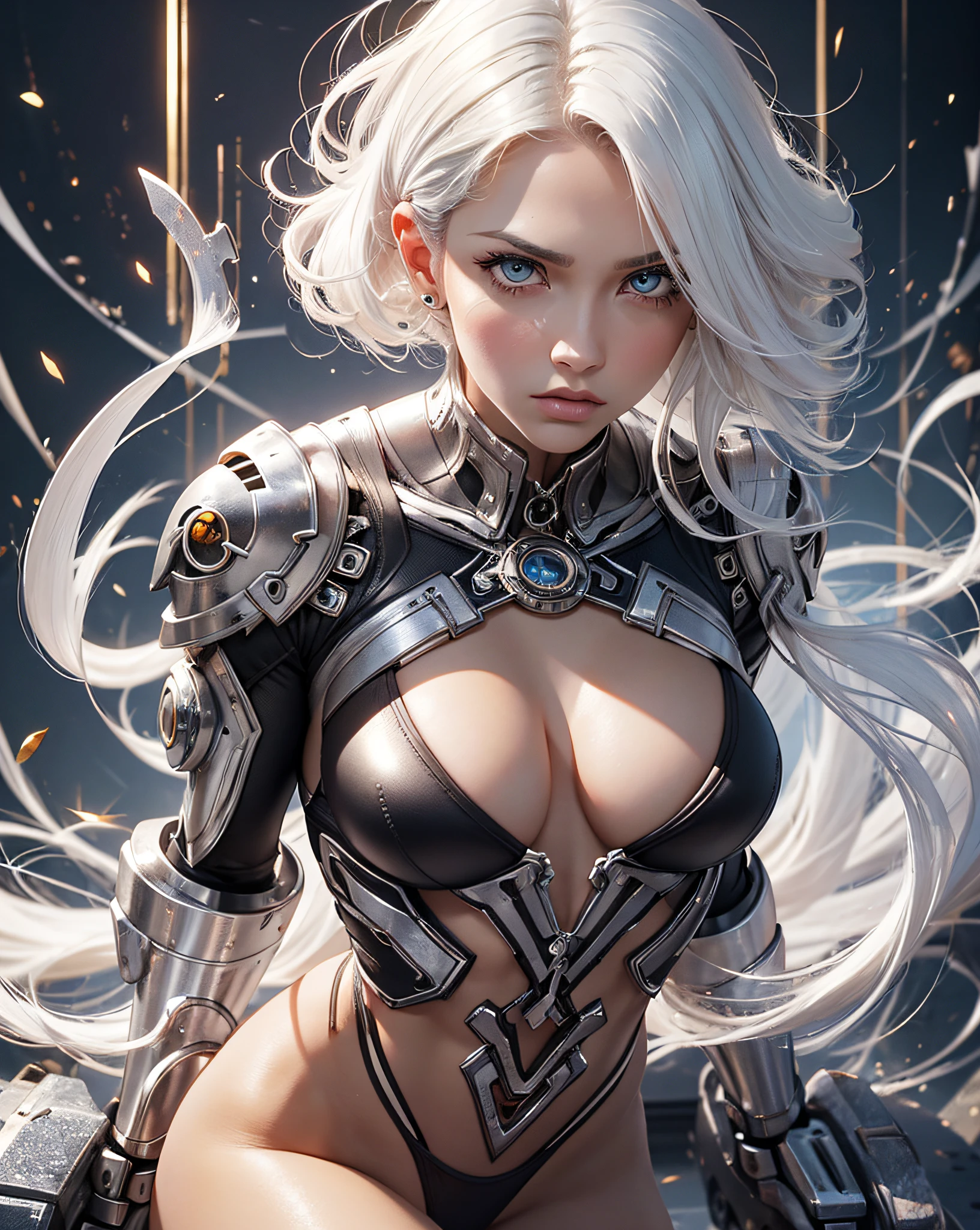 (1 female bodybuilder: 1.37), masterpiece, best quality, illustration, ultra-detailed, fine details, high-resolution, 8k wallpaper, perfect dynamic composition, 1girl, beautiful detailed eyes, natural lips, mechanical body, average breasts: 1.25, lovely look: 1.3, white skin, fair skin, oily skin, shiny skin, Caucasian, white hair, silver hair, side haircut, full body, extremely detailed background of a periphery, intimidating expression.