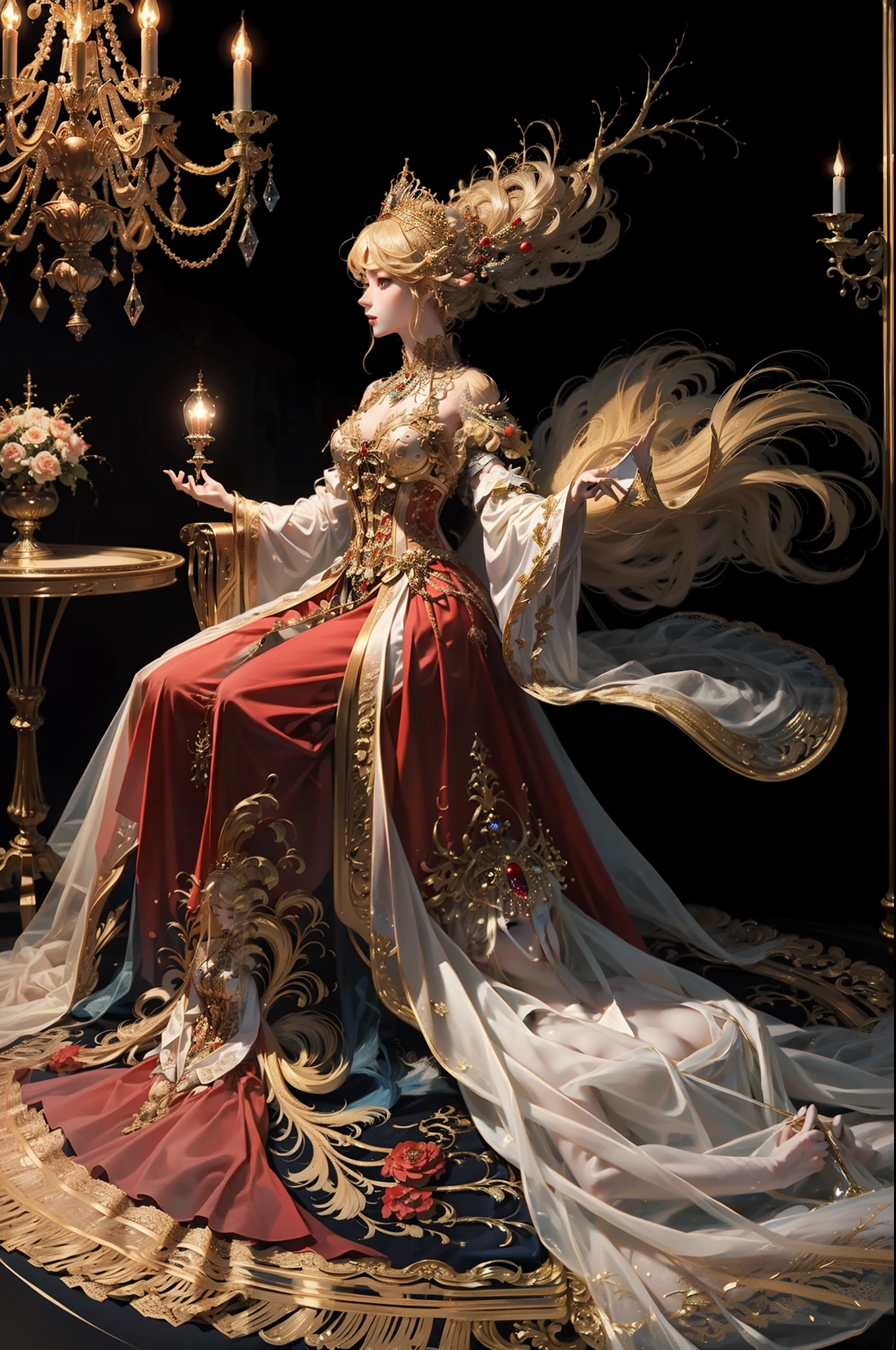 ((top-quality、​masterpiece、photographrealistic:1.4、in 8K))、Blonde Beauty、delicate and beautiful face、（Luxury red dress in medieval European style、Princess）、Luxury accessories、European-style castle、Cinematic lighting、Textured skin、Super Detail、high detailing、High quality、hight resolution