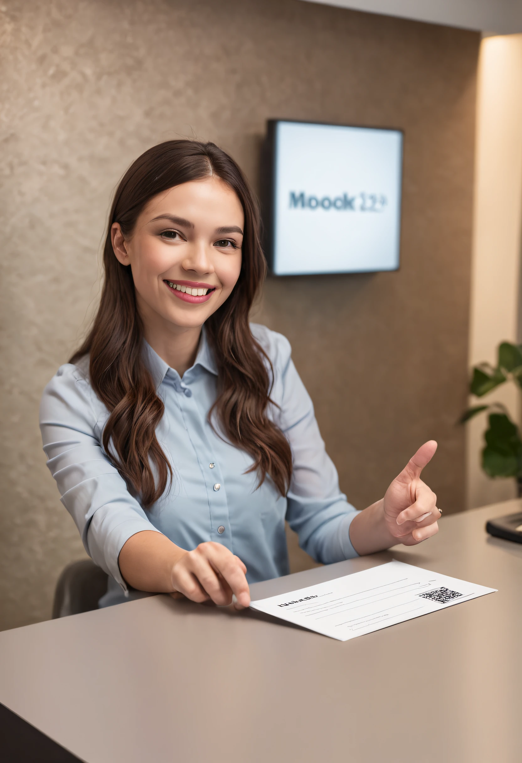 Person at a hotel reception desk, handing over a room key to a guest, with a sign saying "Booked through MHB Travel," very happy, photo-realistic, incredible quality, print ready.