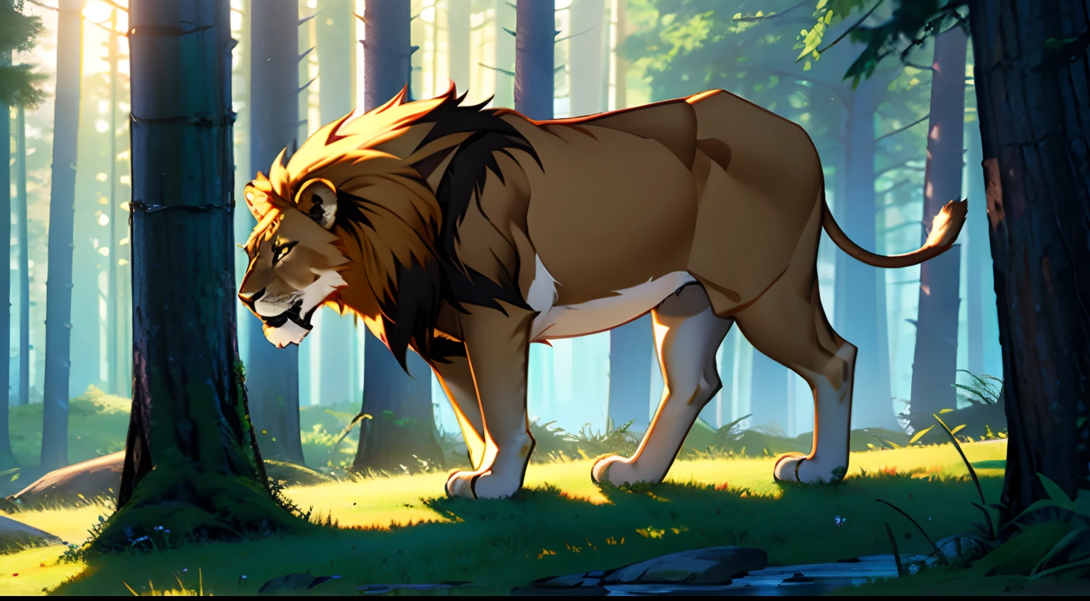 Masterpiece, best quality, 8k resolution, cinematic lighting, a lion back side view  , forest