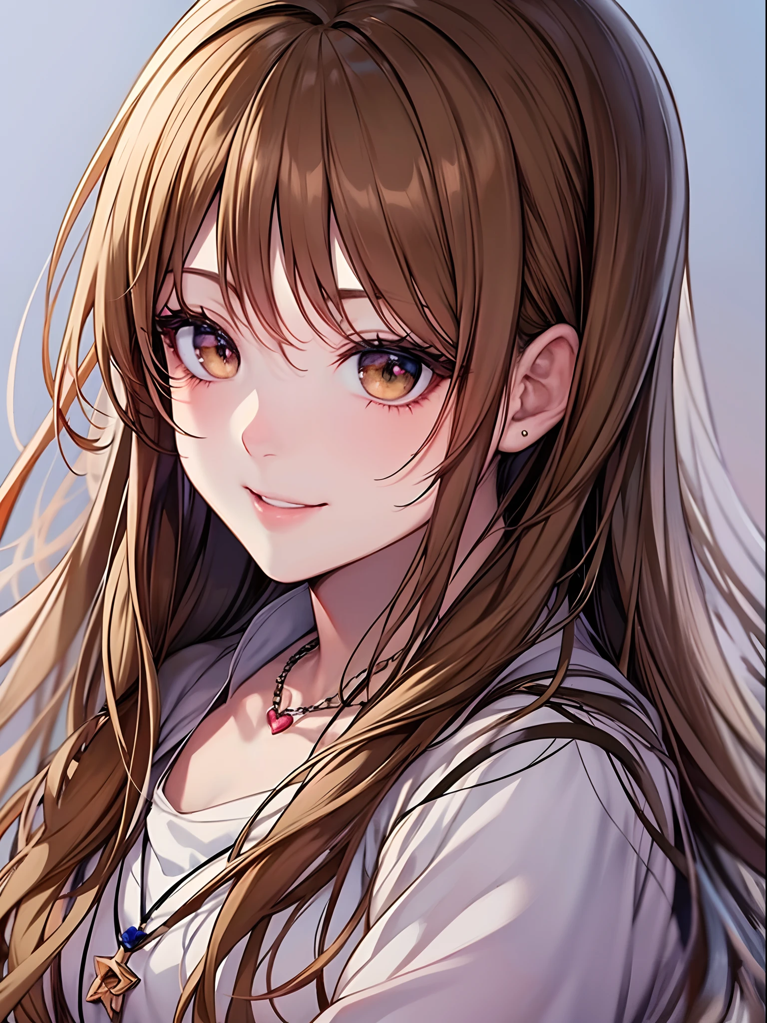 anime, a girl with brown hair and a necklace with a heart on it, light smile,, extremely cute anime girl face, cute anime girl portraits, cute natural anime face, cute anime face, anime visual of a cute girl, cute anime girl, cute anime girl portrait, anime moe artstyle, (anime girl), brown hair and large eyes, cute anime style, pretty anime girl